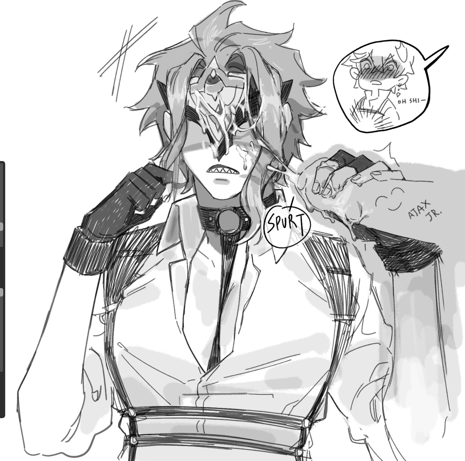 black and white, childe (genshin impact), covered eyes, dottore (genshin impact), eyes covered, facial, genshin impact, gloves, holding penis, male, male only, penis, tagme, tartaglia (genshin impact), yaoi