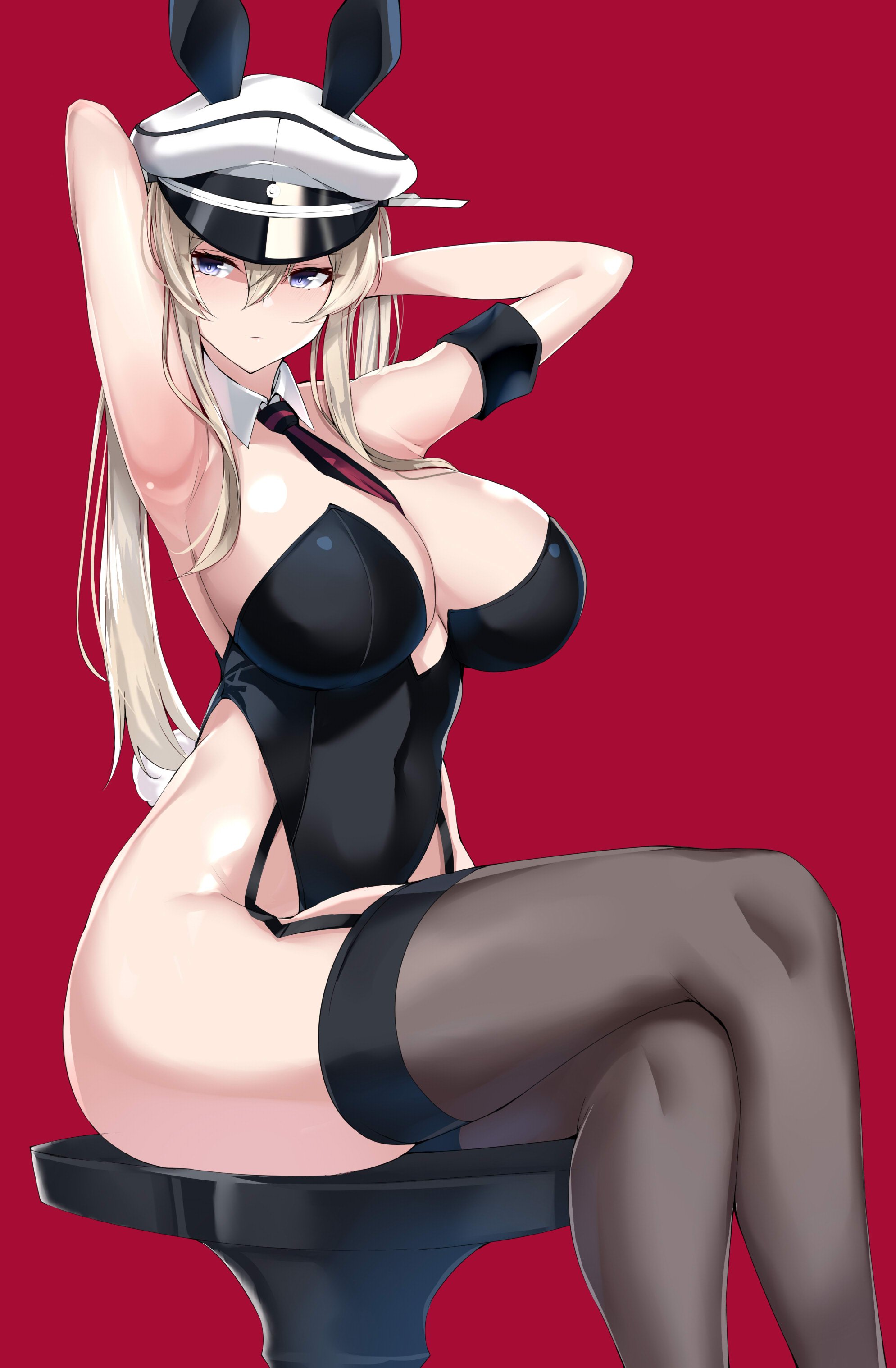 absurdres, adapted costume, animal ears, armband, armpits, arms up, bare shoulders, black leotard, black necktie, black thighhighs, blonde hair, breasts, cleavage, crossed legs, detached collar, fake animal ears, female, garter straps, graf zeppelin (kantai collection), hair between eyes, hat, highleg, highleg leotard, highres, kantai collection, large breasts, leotard, long hair, looking at viewer, maruyaa (malya1006), military hat, necktie, peaked cap, playboy bunny, rabbit ears, rabbit tail, red background, sidelocks, simple background, sitting, solo, strapless, strapless leotard, tail, thighhighs, thighs, twintails, white headwear, wrist cuffs