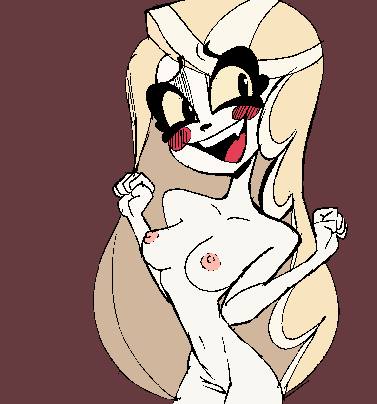 1girls casual charlie_morningstar_(hazbin_hotel) color_edit colored_sketch cute demon_girl drpizzaboi1 female hazbin_hotel naked nervous nipples pale_skin skinny slender slim small_breasts solo straight_hair tagme