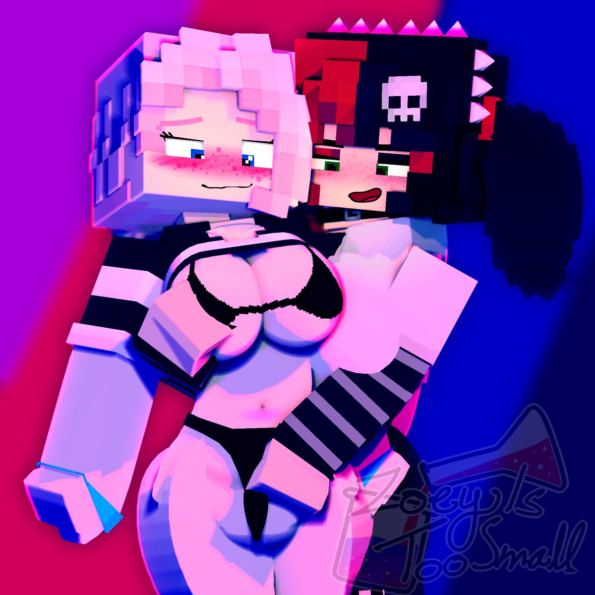 2girls, 3d, big breasts, blush, bra, breasts, choker, clothing, ellie walls (odysseyellie), female, female only, freckles, goth, hand on breast, long sleeves, mine-imator, minecraft, panties, pink hair, shirt, shirt up, skull hair ornament, spiked hairband, tagme, thick thighs, twintails, two-tone hair, wide hips, yuri, zoey (zoeyistoosmall), zoey is too small