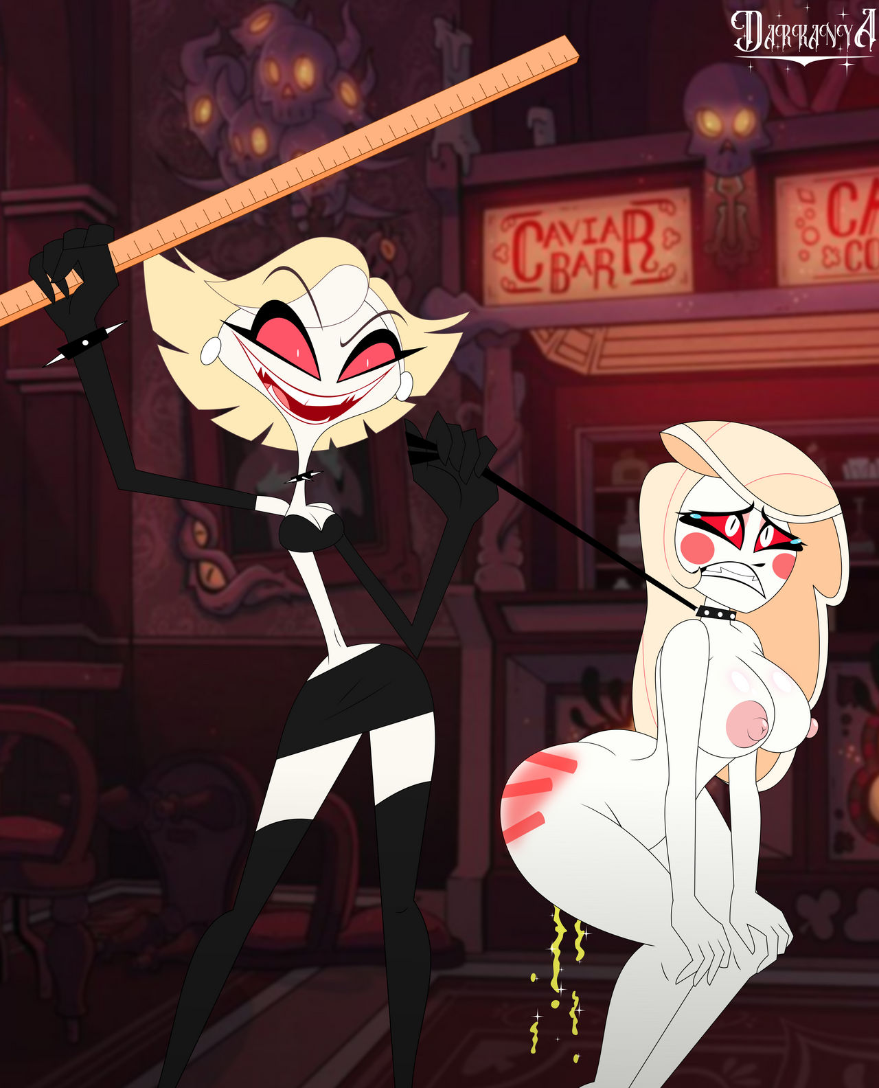 age difference, amazon prime, ass, bedroom eyes, big ass, big breasts, bondage, bondage gear, bondage outfit, breasts, charlie morningstar (hazbin hotel), collar, darkdpx3, dominatrix, dubious consent, elbow gloves, evil grin, female, femdom, femsub, happy dom, hazbin hotel, high heels, humiliation, katie killjoy, leash, leash and collar, leashed, lezdom, looking at partner, pain, peeing, ruler, skirt, slave, spank marks, spanked, spanking, spiked bracelet, spiked collar, spikes, spindlehorse toons, thighhighs, torture, urine, yellow hair, yuri