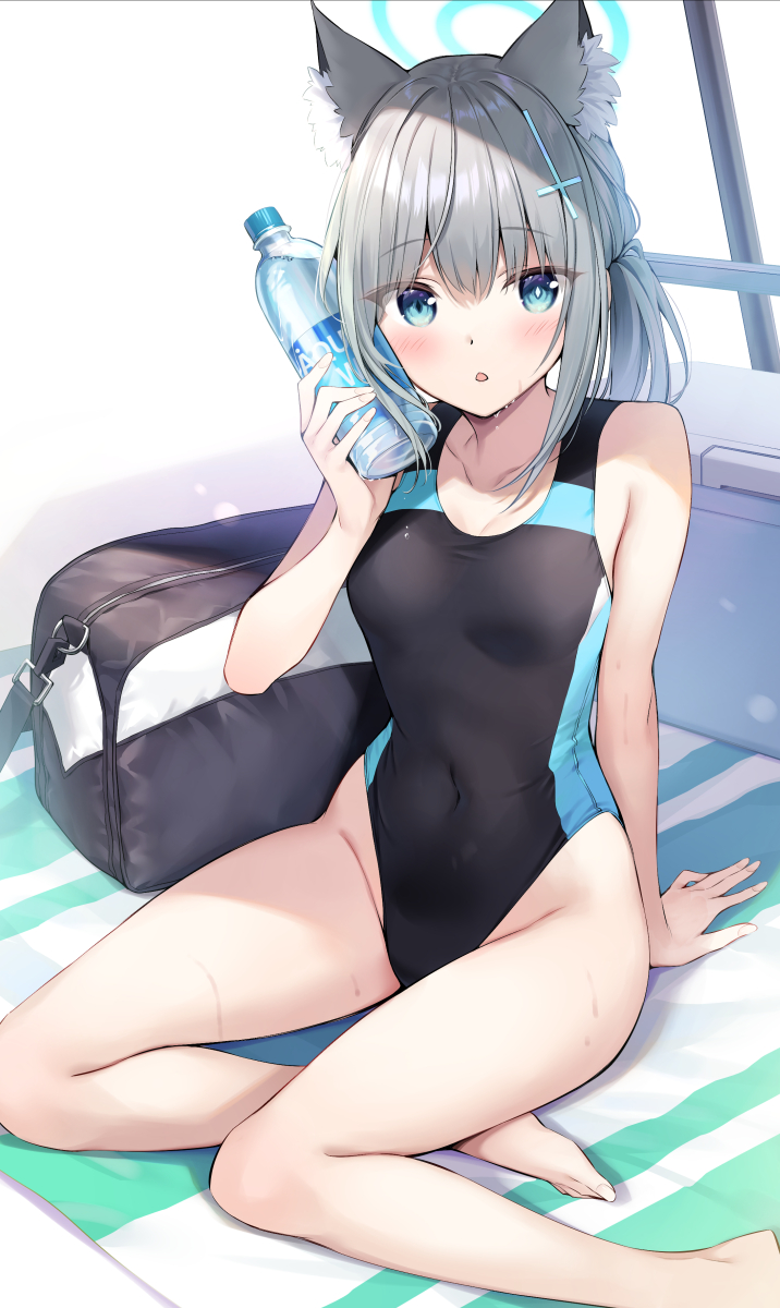 1girls animal_ear_fluff animal_ears bag bangs bare_arms bare_legs bare_shoulders bare_thighs barefoot black_swimsuit blue_archive blue_eyes blush blushing bottle breasts competition_swimsuit covered_breasts covered_navel covered_nipples duffle_bag extra_ears feet female female_focus female_only grey_hair groin hair_ornament halo hands_up highleg highleg_swimsuit holding holding_object long_hair looking_at_viewer mismatched_pupils one_piece_swimsuit oryou parted_lips ponytail shiroko_(blue_archive) shiroko_(swimsuit)_(blue_archive) sidelocks silver_hair sitting small_breasts solo solo_female solo_focus swimsuit swimwear thighs water_bottle wolf_ears wolf_girl yokozuwari