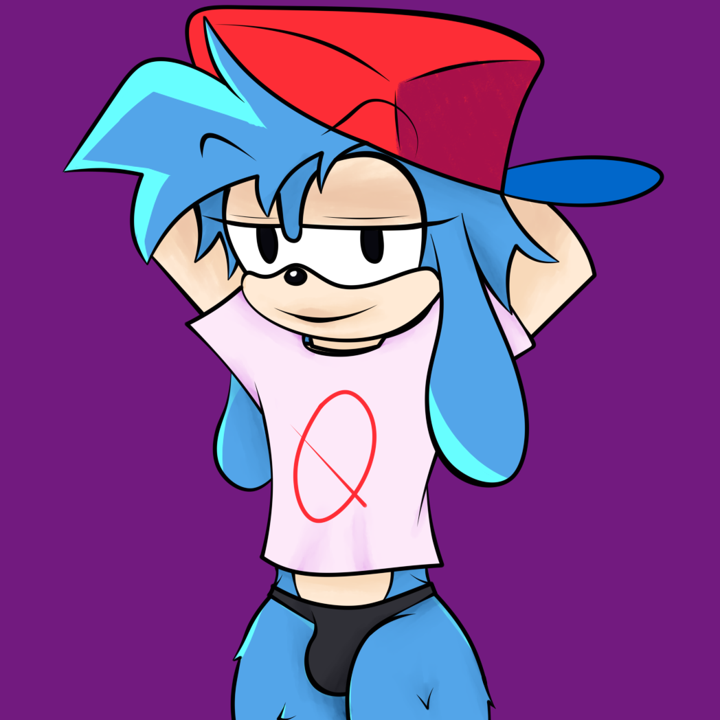 androgynous big_ass black_panties bunny_boy bunny_ears cap encore_boyfriend_(friday_night_funkin) femboy friday_night_funkin friday_night_funkin_mod furry girly hands_behind_head mobian_(species) mobian_dog sega shirt simple_background smug_face sonic_(series) sonic_the_hedgehog_(series) thong