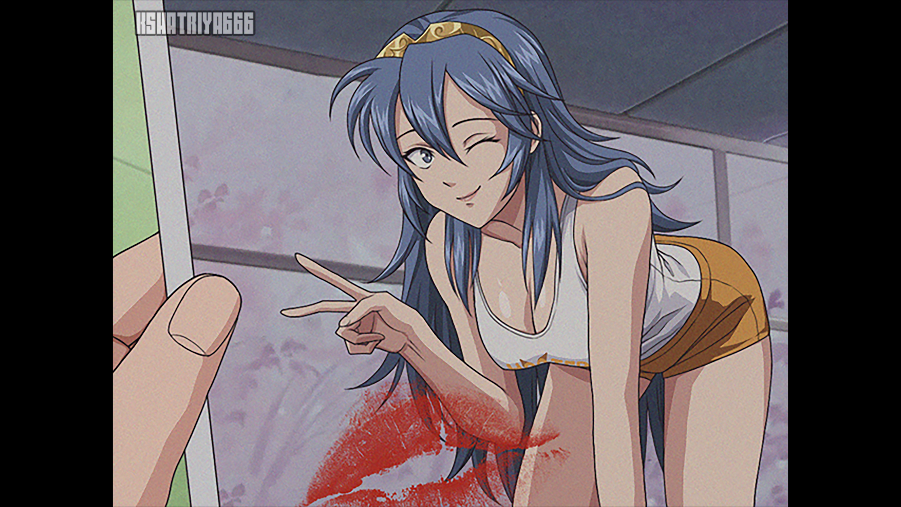 1990s (style), 1girls, alternate breast size, alternate costume, bent over, blue eyes, blue hair, breasts, cleavage, closed mouth, clothes lift, clothing, commission, cosplay, female, female only, fire emblem, fire emblem awakening, hair between eyes, highres, hooters, kshatriya 666, large breasts, leaning forward, letterboxed, lipstick mark, long hair, lucina (fire emblem), medium breasts, misato katsuragi (cosplay), neon genesis evangelion, nintendo, one eye closed, parody, photo (object), pov, retro artstyle, shirt lift, short shorts, shorts, smile, solo, straight hair, tiara, v, wink