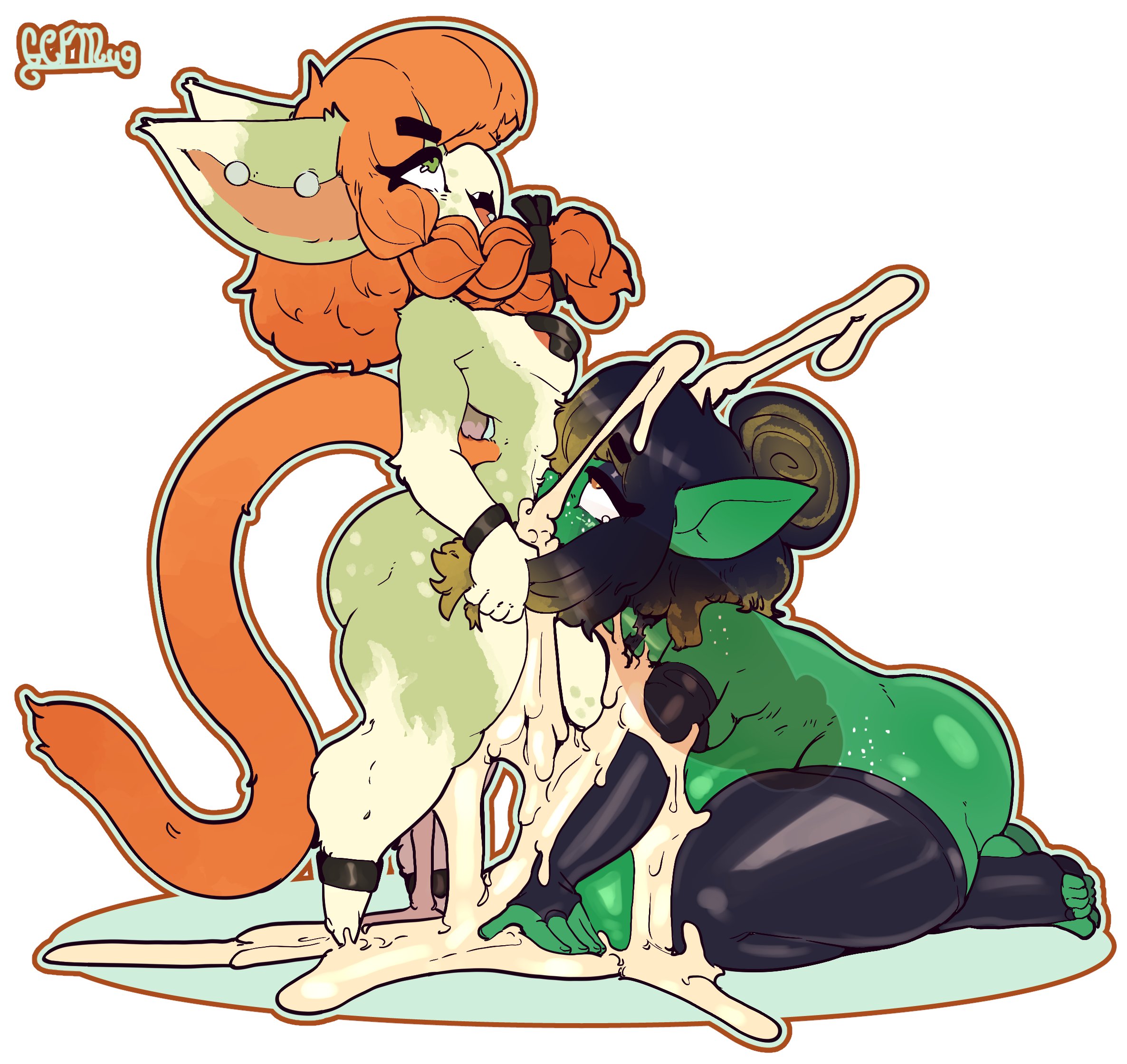 1futa, 1girls, 2022, ahe gao, all the way to the base, animal ears, anthro, areolae, balls, bangs, black hair, blonde hair, braid, breasts, cat tail, completely nude, cum, cum in mouth, cum in throat, cum overflow, cum splatter, cumflation, deepthroat, duo, ear piercing, ejaculation, elbow gloves, erection, eye contact, feline, fellatio, female, femsub, futa on female, futadom, futanari, gcfmug, gigantic penis, gloves, goblin, green fur, green skin, hair grab, humanoid, inflation, intersex, irrumatio, jackie (durgentamar), kneeling, long hair, mostly nude, nipples, nude, nude female, nude futa, oral, oral sex, orange hair, orgasm, pasties, penis, piercing, rolling eyes, shortstack, side view, sidelocks, standing, thick cum, thighhighs, two-tone body, two-tone hair, x-ray