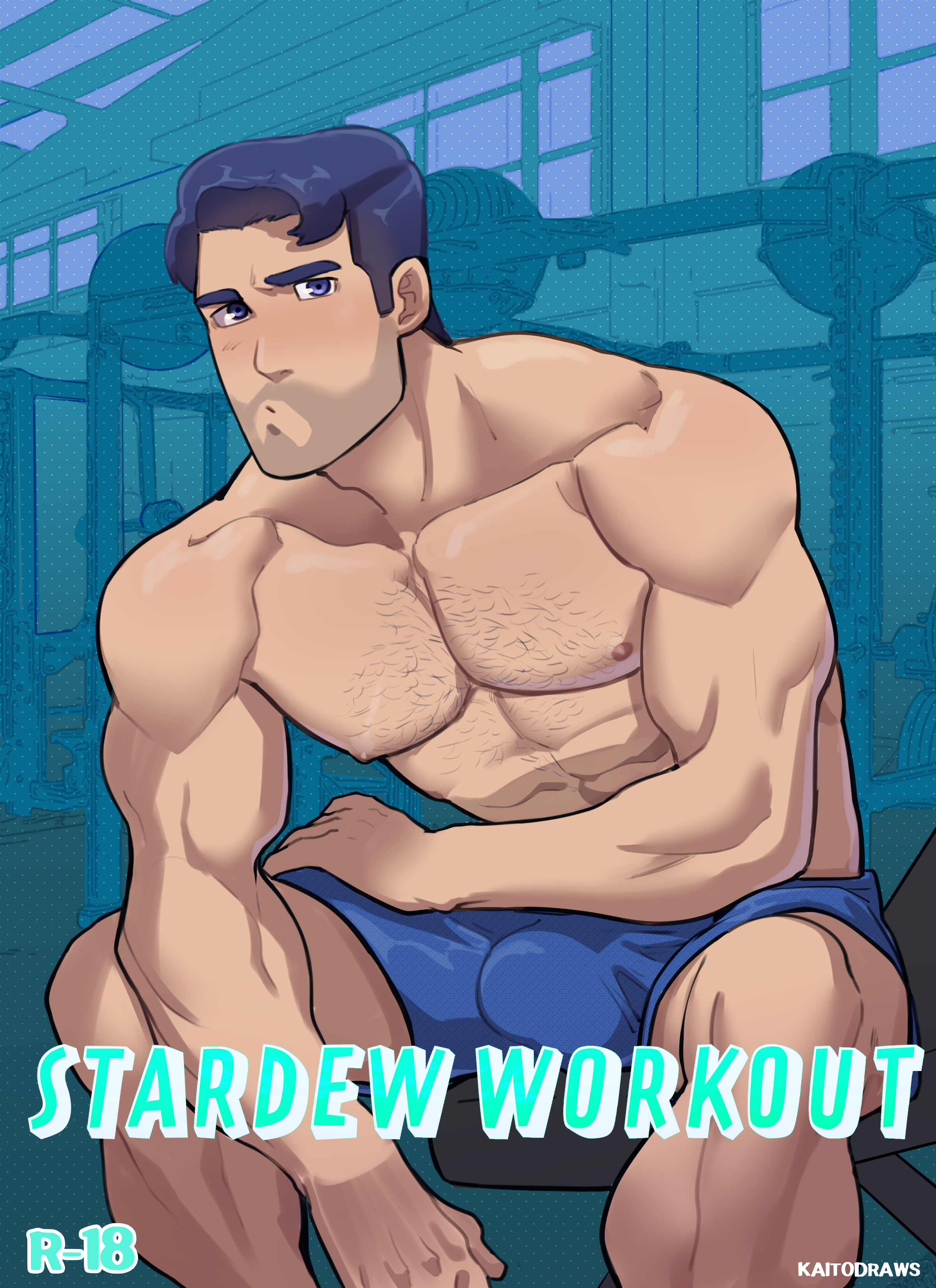 1boy, bara, bulge, kaito draws, male, male only, muscular, muscular male, shane (stardew valley), stardew valley, yaoi