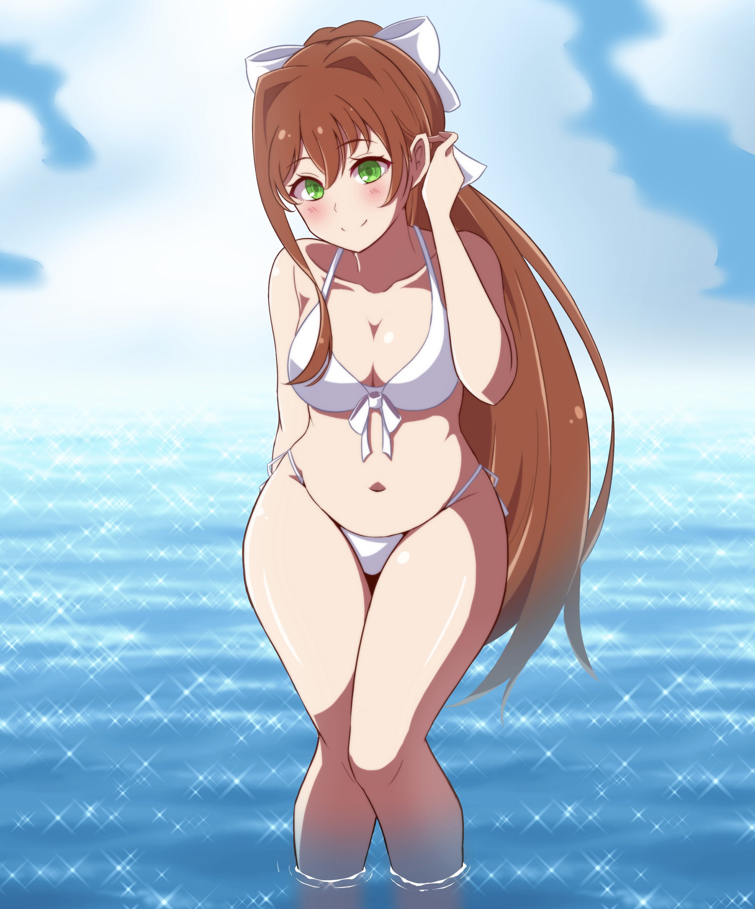 belly button, bikini, blush, breasts, brown hair, doki doki literature club, female, glistening water, green eyes, hair ribbon, large breasts, long hair, monika (doki doki literature club), ponytail, smile, thighs, water, white bikini, white ribbon, wide hips