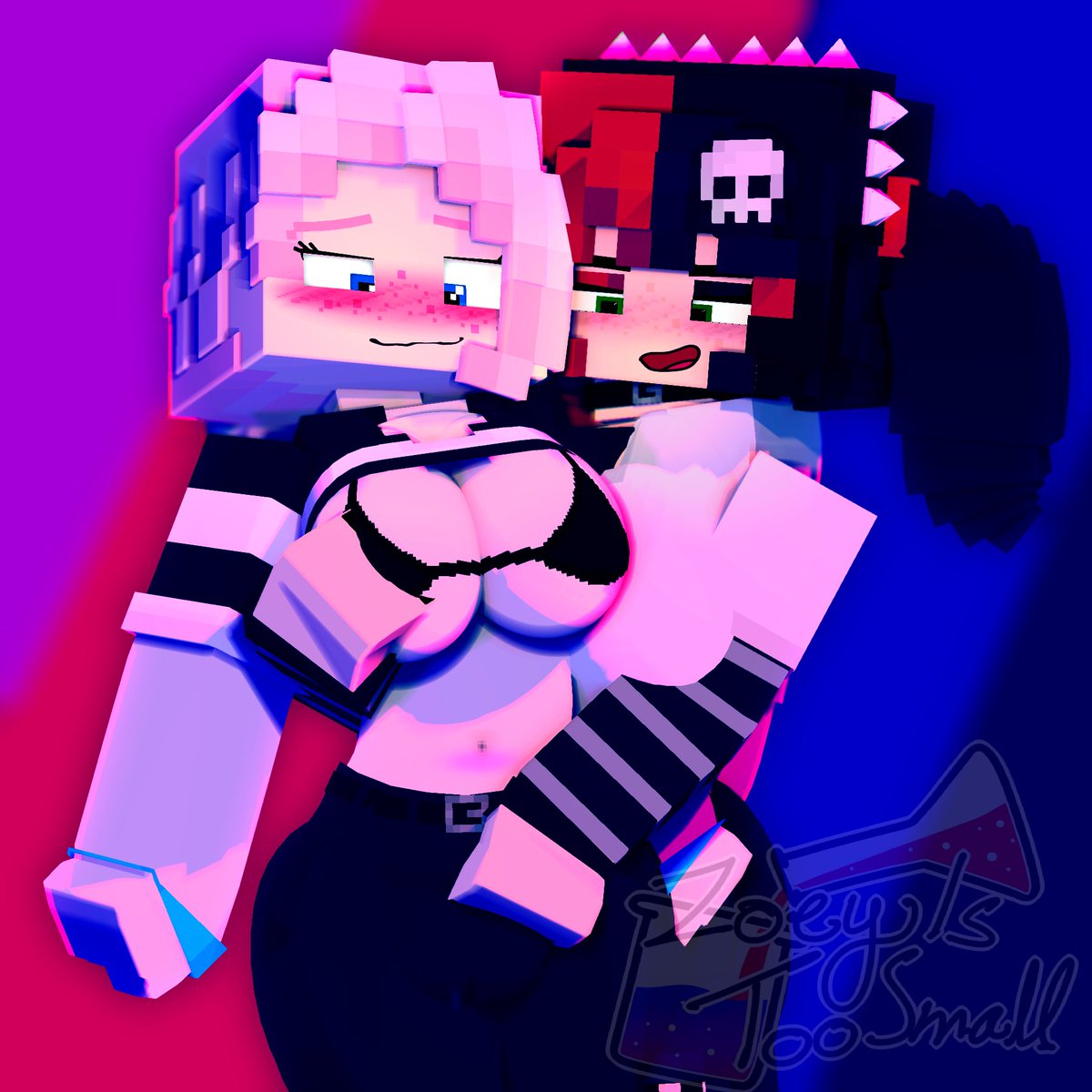2girls, 3d, big breasts, blush, bra, breasts, choker, clothing, ellie walls (odysseyellie), female, female only, freckles, goth, hand on breast, long sleeves, mine-imator, minecraft, pants, pink hair, shirt, shirt up, skull hair ornament, spiked hairband, tagme, thick thighs, twintails, two-tone hair, wide hips, yuri, zoey (zoeyistoosmall), zoey is too small