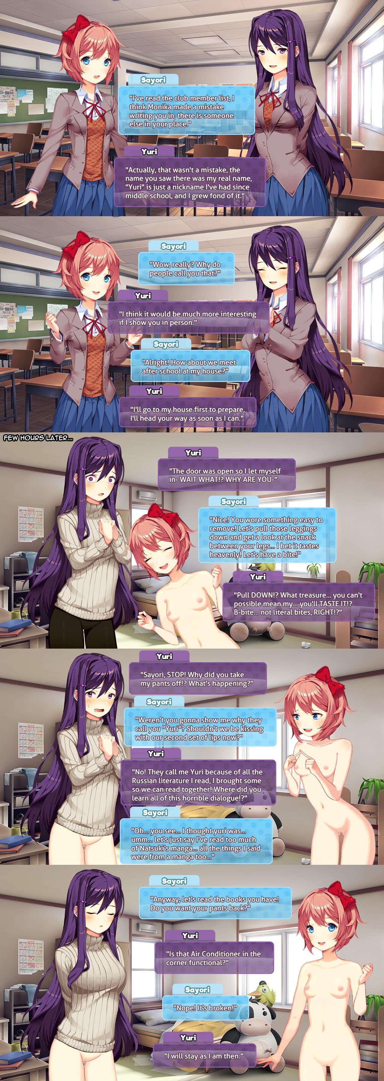 bed bedroom black_text_border blue_eyes blue_skirt blue_text_box bottomless classroom closed_eyes comic cute desks doki_doki_literature_club female funny happy leggings naked no_clothes nude nude_female oddly_wholesome orange_hair panel panels purple_eyes purple_hair purple_text_box sayori_(doki_doki_literature_club) scared skirt smiling smiling_at_another smiling_at_each_other sprite story suprised suprised_eyes suprised_look text turtleneck turtleneck_sweater uniform window yuri_(doki_doki_literature_club)