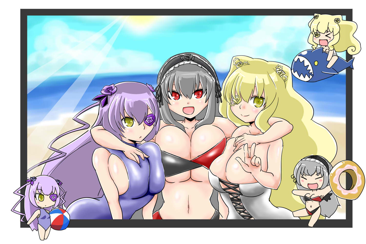 3girls barasuishou big_breasts itini-sanshi kirakishou multiple_girls rozen_maiden sisters suigintou swimsuit tagme