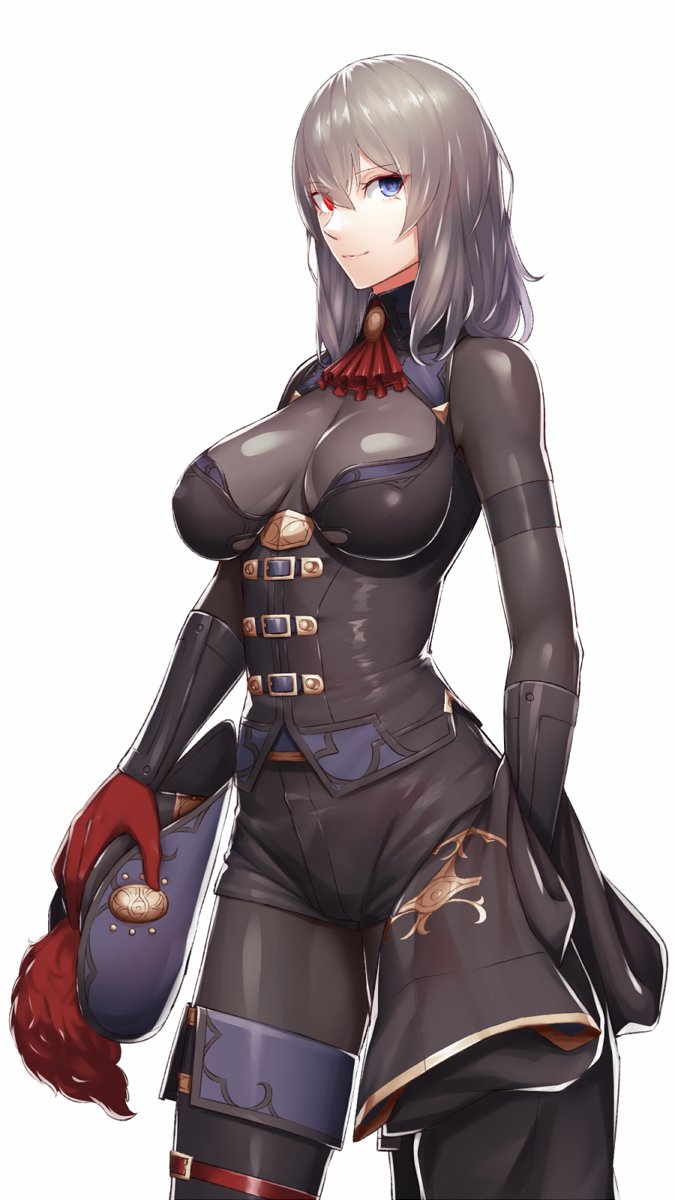 1girls ascot bangs black_bodysuit black_clothing blue_eyes bodysuit breasts eden's_ritter eden's_ritter_grenze grey_hair hat heterochromia kageshio_(276006) large_breasts long_hair looking_at_viewer red_ascot red_eyes silver_(eden's_ritter) smile solo thighs