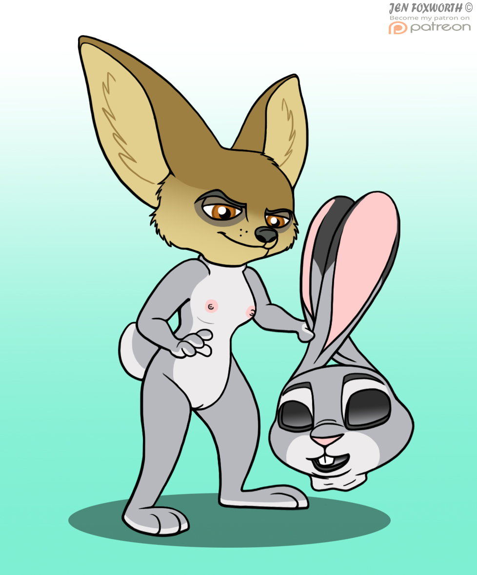 2020 anthro big_ears breasts buckteeth canid canine clothing digital_media_(artwork) disguise disney female fennec finnick fox fur genitals gore half-closed_eyes holding_object inner_ear_fluff jen_foxworth judy_hopps lagomorph leporid looking_down male mammal mask narrowed_eyes nipples orange_eyes pink_nipples pussy rabbit simple_background small_breasts smile smirk solo standing suit teeth tuft zootopia