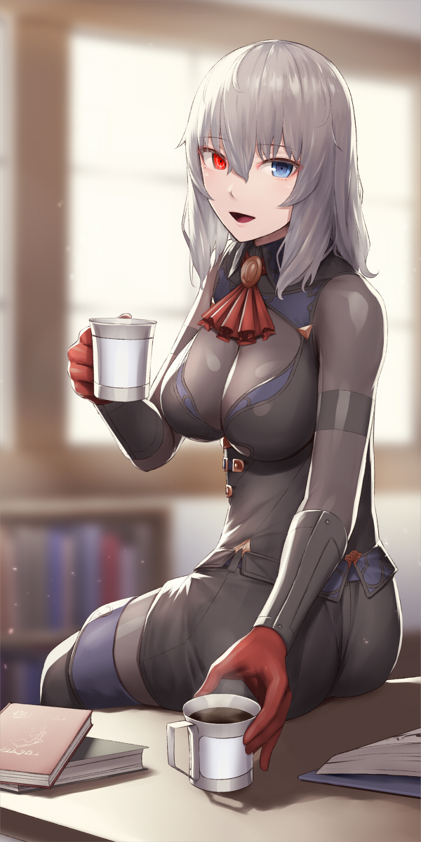 1girls ascot blue_eyes book breasts coffee coffee_cup cup disposable_cup eden's_ritter eden's_ritter_grenze first_porn_of_character gloves grey_hair hair_between_eyes heterochromia holding holding_cup indoors kageshio_(276006) looking_at_viewer medium_breasts red_ascot red_eyes red_gloves silver_(eden's_ritter) sitting smile solo