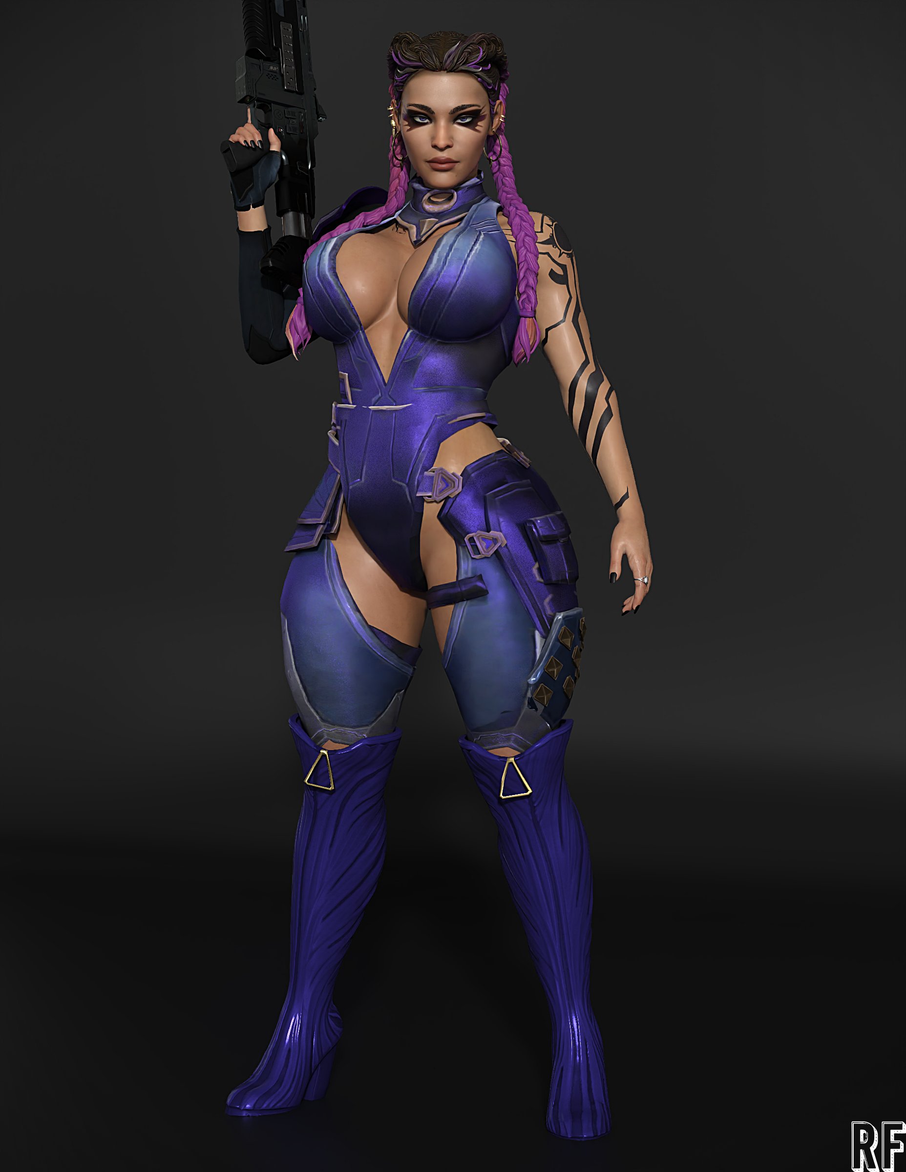 3d, apex legends, big breasts, black nails, braided hair, braided twintails, breasts, cleavage, cosplay, crossover cosplay, dark skin, dark-skinned female, female, loba (apex legends), purple eyes, purple hair, respawn entertainment, reyna (cosplay), reyna (valorant), rude frog, thick thighs, two-tone hair, valorant, wide hips