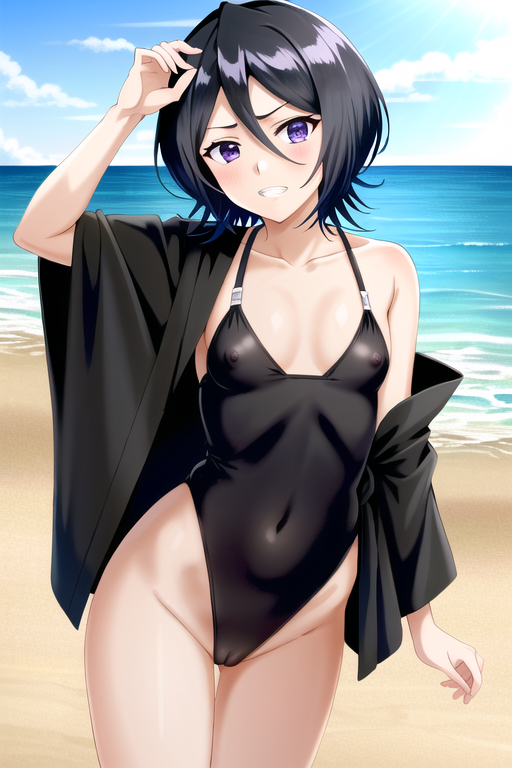 1girls ai_generated beach black_hair black_mizugi bleach cameltoe erect_nipples erect_nipples_under_swimsuit female female_only grin jacket kuchiki_rukia mizugi nai_diffusion nipples off_shoulder outdoors petite purple_eyes pussy pussy_visible_through_clothes pussy_visible_through_swimsuit seaside see-through see-through_swimsuit smile solo solo_focus stable_diffusion swimsuit visible_nipples