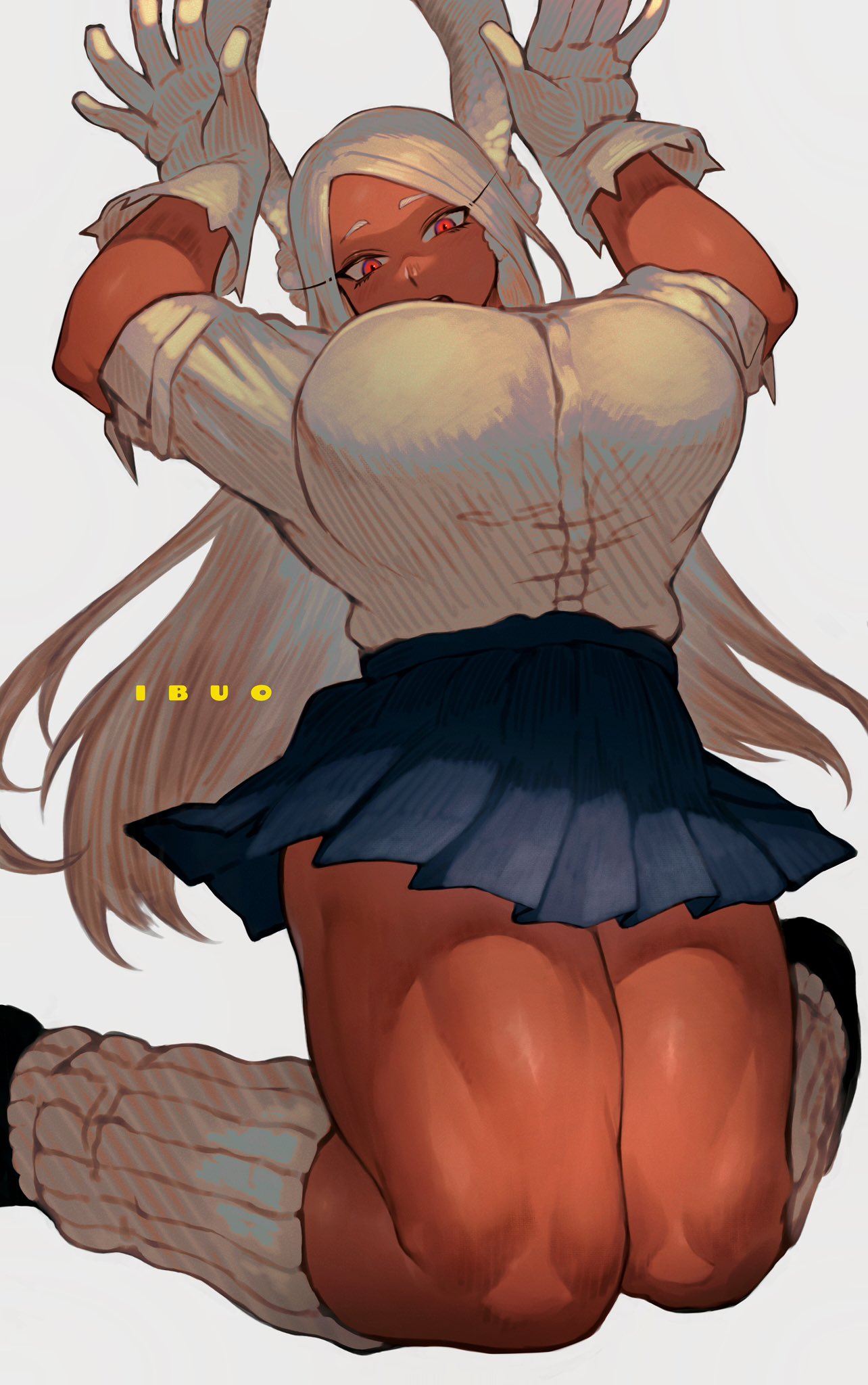 1girls arms_up big_breasts boku_no_hero_academia breasts bunny_ears bunny_girl busty dark-skinned_female dark_skin female female_focus female_only fit fit_female front_view gloves hero_outfit_(mha) ibuo large_breasts legs long_hair looking_at_viewer loose_socks miruko muscular muscular_female muscular_thighs my_hero_academia red_eyes rumi_usagiyama school_uniform shows simple_background skirt slim slim_waist socks solo solo_female solo_focus thick_legs thick_thighs tight_clothing voluptuous waist white_background white_hair