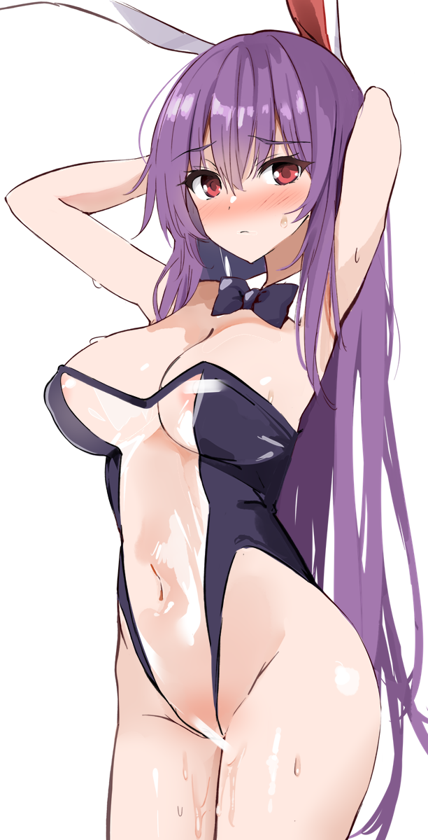 animal_ears armpits arms_behind_head bar_censor bare_shoulders black_bow black_bowtie bow bowtie breasts bunny_ears bunnysuit censored cleavage closed_mouth covered_navel detached_collar female hair_between_eyes highres kamukamu_(ars) large_breasts leotard long_hair looking_at_viewer purple_hair pussy_juice rabbit_ears red_eyes reisen_udongein_inaba see-through_clothing simple_background solo sweat touhou translucent_bunnysuit transparent_bunnysuit very_long_hair white_background