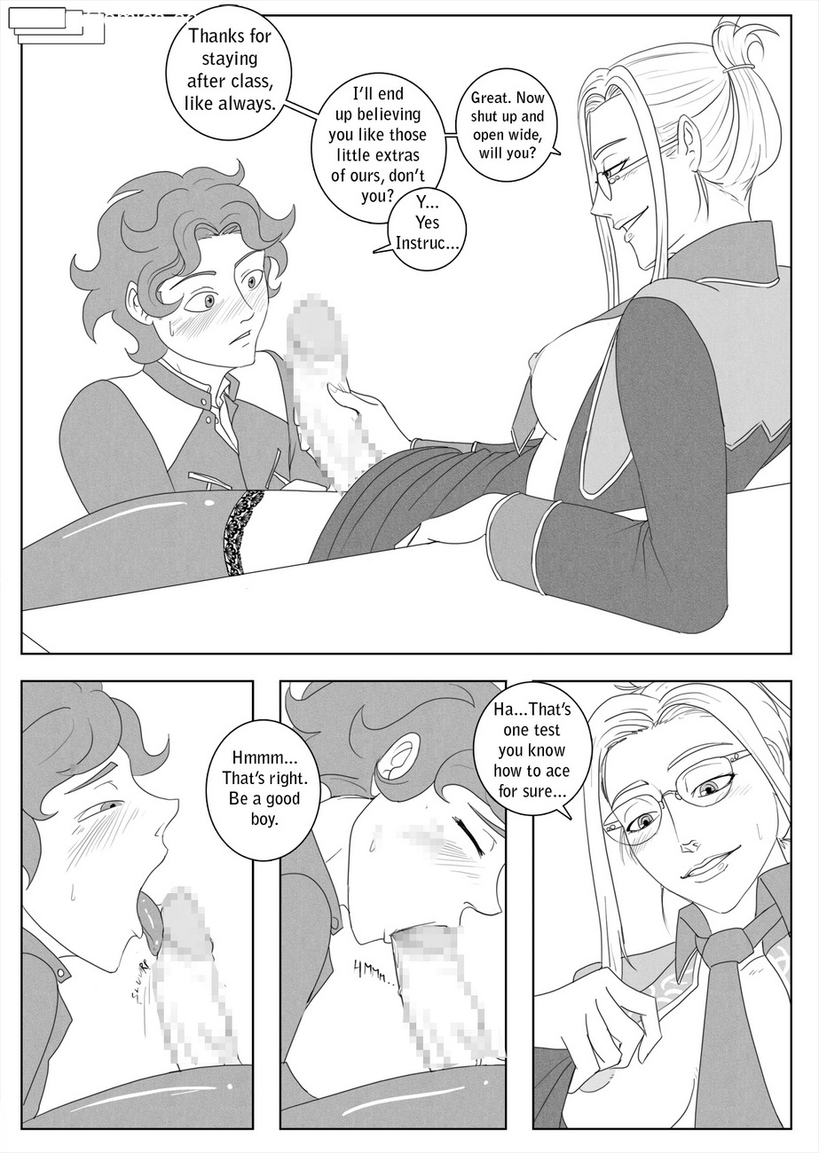 1boy, 1futa, areolae, big breasts, blowjob, blush, breasts, censored, closed eyes, clothed, clothing, comic, dialogue, duo, english text, erection, fellatio, final fantasy, final fantasy viii, futa on male, futadom, futanari, glasses, human, intersex, licking penis, male, malesub, monochrome, mosaic censoring, mostly clothed, necktie, nipples, oo sebastian oo, oral, penis, quistis trepe, sex, short skirt, skirt, skirt lift, smirking, student, teacher, teacher and student, text, text bubble, thighhighs, tied hair, undressing