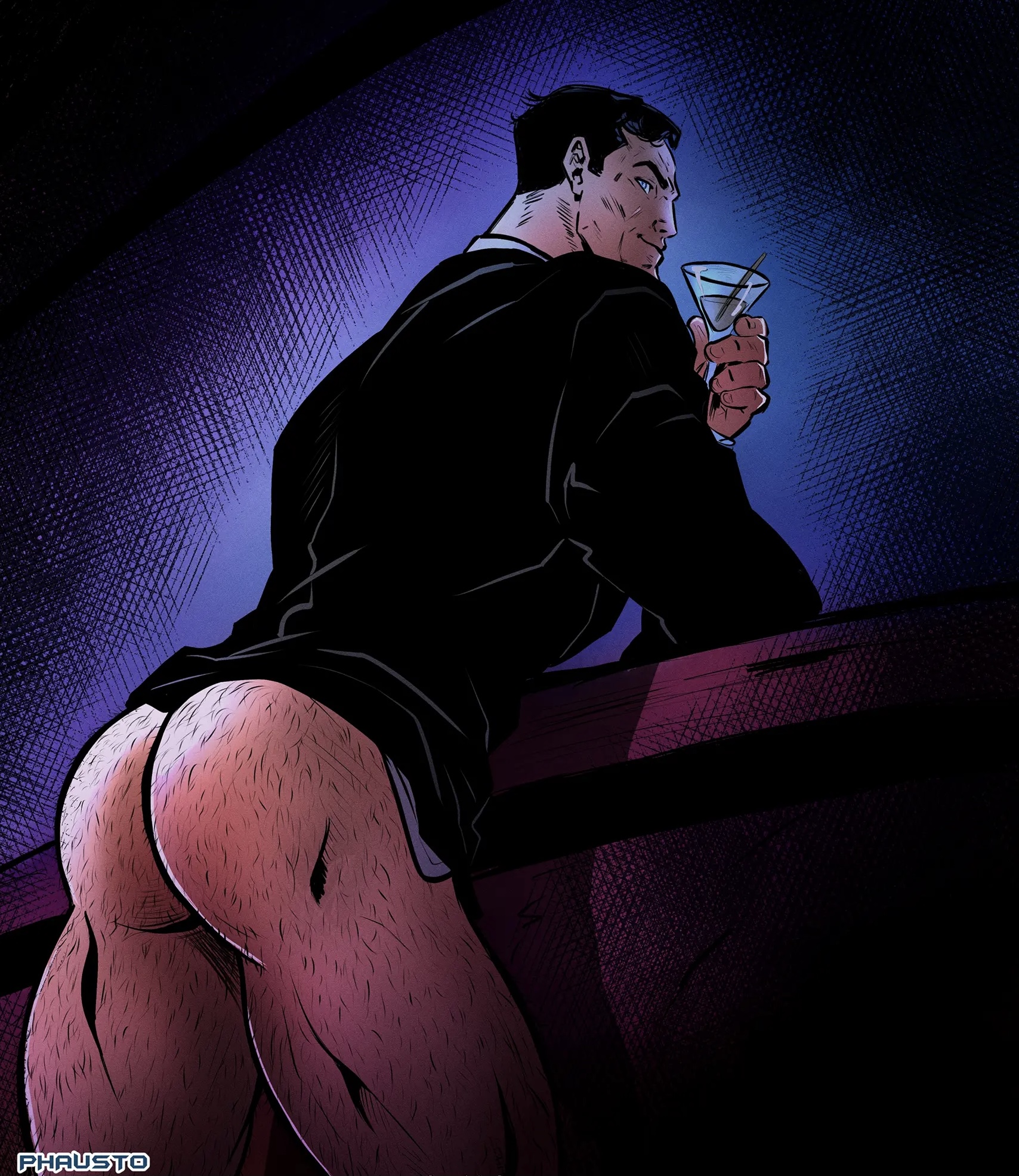 1boy, against table, ass, back view, bara, batman, batman (bruce wayne), batman (series), big ass, big butt, black hair, blue eyes, body hair, bottomless, bruce wayne, dark hair, dc, dc comics, dilf, drink, drinking, grinning, hairy, hairy ass, hairy male, hairy thighs, human, light skin, light-skinned male, looking at viewer, looking back, male, male focus, male only, mature, mature male, muscles, muscular, muscular male, muscular thighs, no pants, phausto, smile, smiling at viewer, solo, solo focus, solo male, suit, thick ass, thick thighs, topwear, topwear only, tuxedo, yaoi