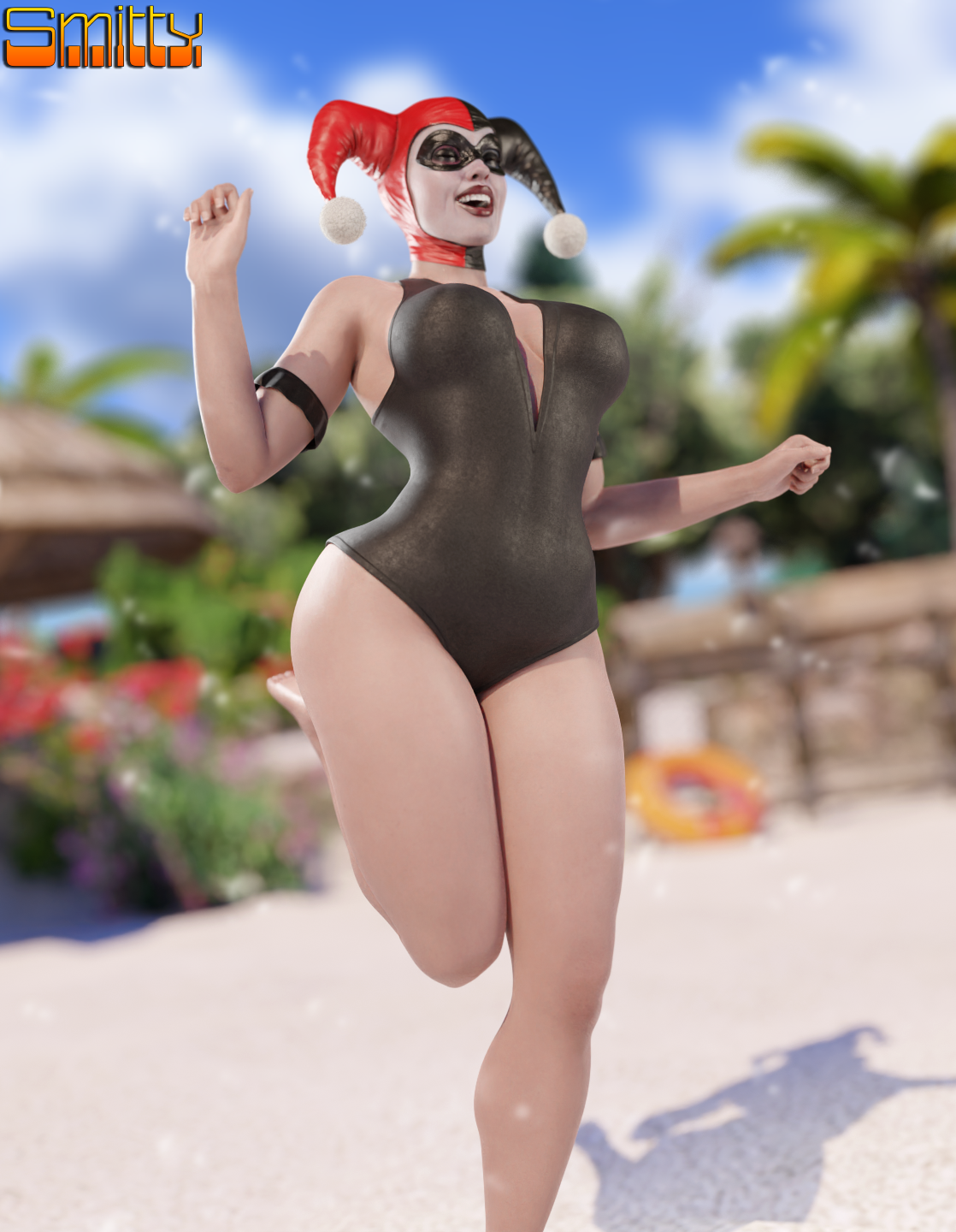 1girls, 3d, 3d (artwork), bathing suit, batman (series), beach, blender (software), breasts, closed eyes, dc, dc comics, female, female only, happy female, harley quinn, harley quinn (classic), harley quinn (injustice), injustice 2, large breasts, light skin, light-skinned female, makeup, one-piece swimsuit, pale skin, pale-skinned female, smiling, smitty34, solo, solo female, tagme, thick thighs