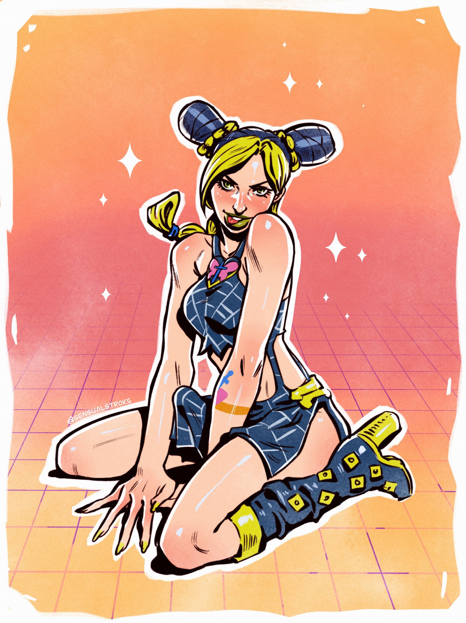 1futa, big penis, breasts, bulge, clothed, clothing, erect nipples under clothes, fully clothed, futa only, futanari, human, intersex, jojo's bizarre adventure, jolyne kujo, kneeling, light skin, light-skinned futa, penis, sensualstroke, sitting, solo, stone ocean, tenting