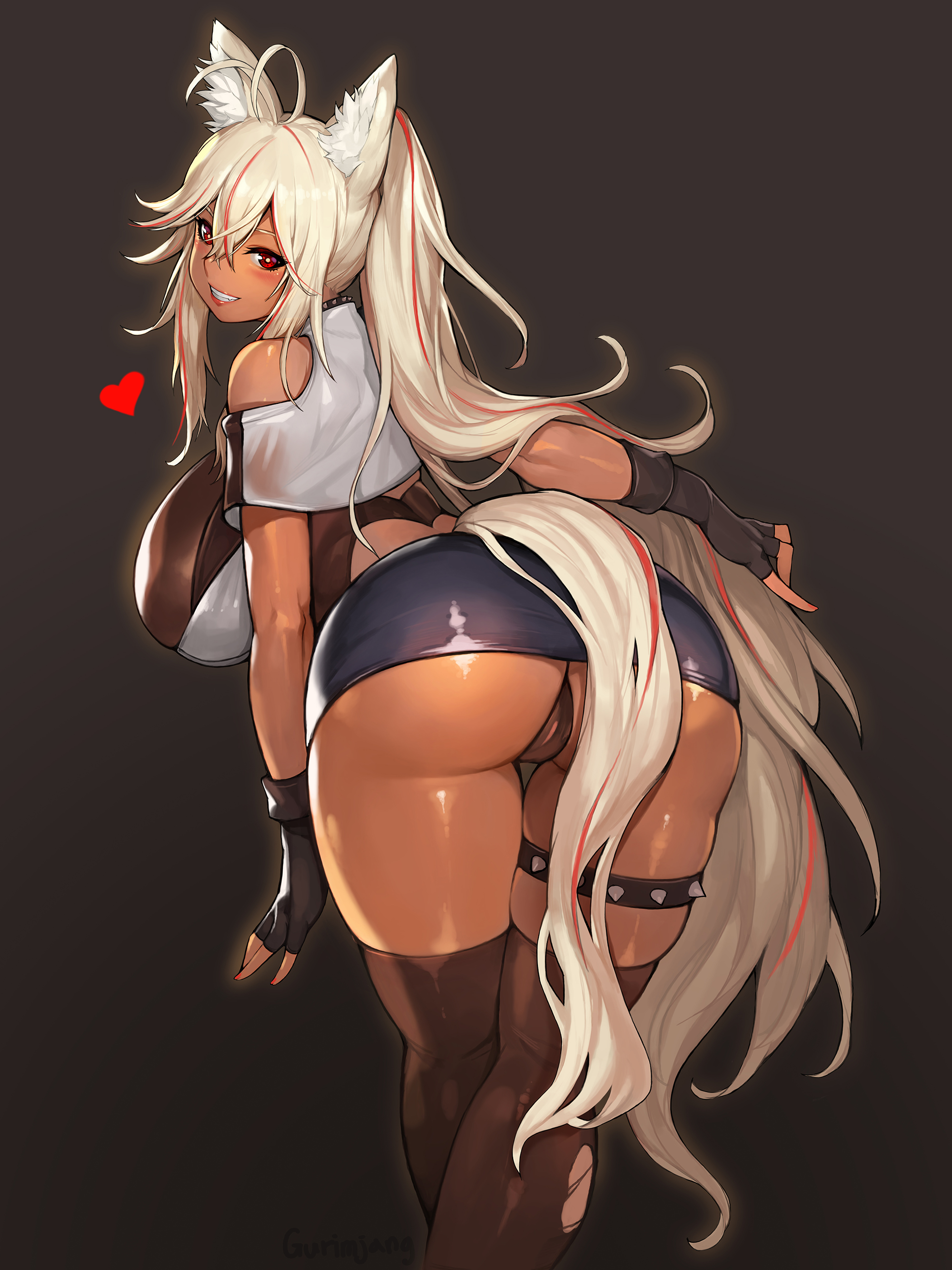 1girls, arched back, ass, ass focus, bare shoulders, black gloves, black legwear, black panties, blonde hair, breasts, choker, dark skin, dark-skinned female, ears up, female, fingerless gloves, gloves, gurimjang, gyaru, hair between eyes, heart, huge breasts, large breasts, leaning forward, looking at viewer, looking back, nail polish, original, panties, red eyes, red highlights, smile, solo, solo female, spiked collar, spikes, tagme, thick ass, thick thighs, thigh highs, thigh strap, thighhighs, thighs, white fur, white pupils, wolf ears, wolf girl, wolf tail