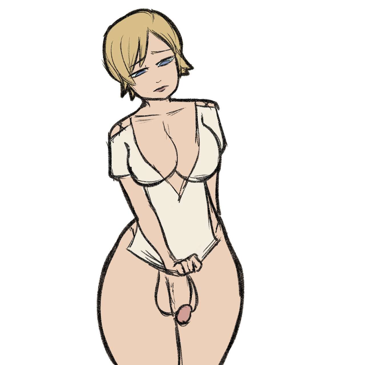 1futa balls big_breasts big_penis blonde_hair blue_eyes bottomless breasts cleavage clothed clothing futa_only futanari human light-skinned_futanari light_skin looking_at_penis nightpickle partially_clothed penis short_hair solo standing testicles