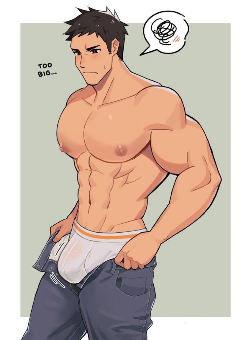 1boy bara barazoku big_bulge big_pecs blush blushing bulge dark_hair haikyuu!! male male_breasts male_focus male_only milkiato muscular_male pulling_down_pants ripped_underwear sawamura_daichi solo tight_pants_(meme) too_big topless unbuttoned_pants underwear undressing unzipped_pants white_underwear