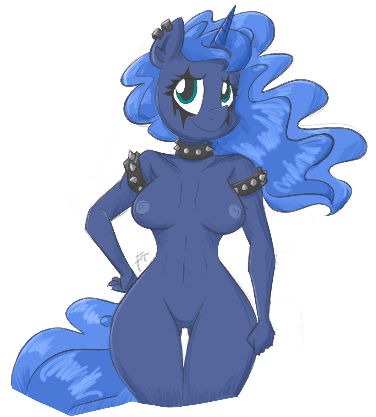 2018 anthro anthrofied blue_body blue_eyes blue_hair blue_nipples blue_skin blue_tail bracelet breasts collar digital_media_(artwork) ear_piercing equid equine female flutterthrash friendship_is_magic genitals hair hasbro hi_res horn jewelry makeup mammal my_little_pony nipples nude piercing princess_luna_(mlp) pussy signature simple_background smile solo spiked_bracelet spiked_collar spikes unicorn white_background