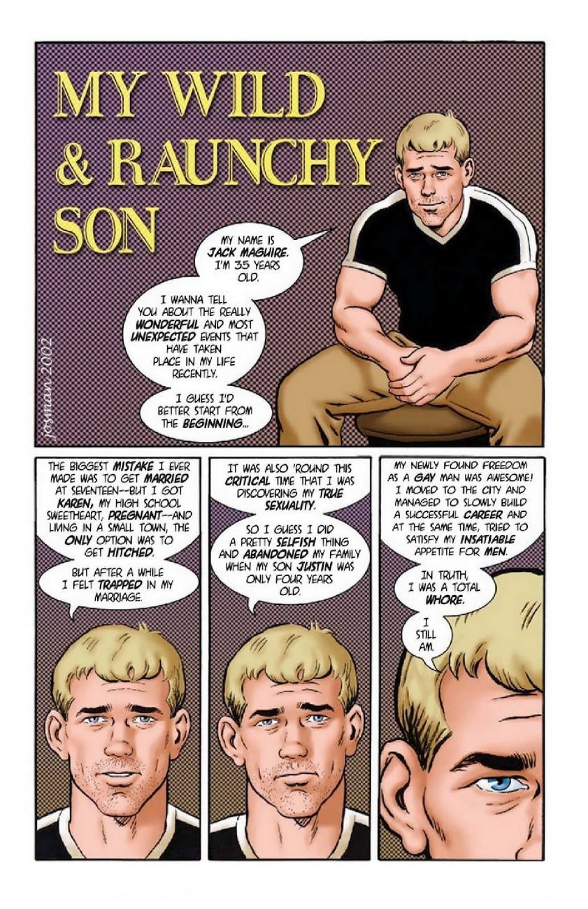 blonde_hair caucasian caucasian_male clothed comic dialogue dilf handjobs_magazine jack_maguire josman josman_comics male male_only muscles muscular muscular_male teen_boy