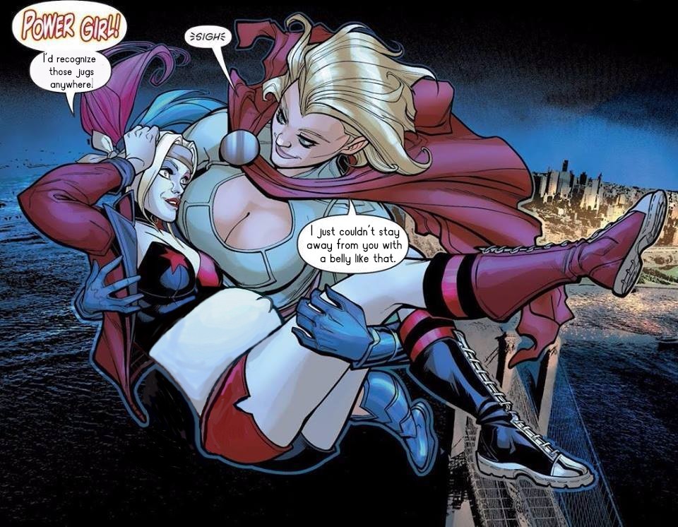 2girls alex_sinclair batman_(series) belly big_belly big_breasts blonde_hair breast_envy breasts chad_hardin cleavage dc dc_comics dialogue edit female harley_quinn jtng23 power_girl pregnant screenshot_edit superman_(series) text