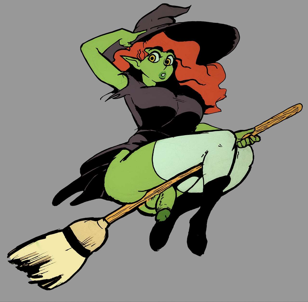 1futa, 2019, balls, balls under clothes, big breasts, big penis, bottomless skirt, breasts, broom, broom riding, clothed, clothing, flaccid, futa only, futanari, green skin, humanoid, humanoid penis, intersex, mostly clothed, nightpickle, orange hair, penis, penis out, penis under clothes, penis under skirt, skirt, skirt lift, solo, tagme, witch