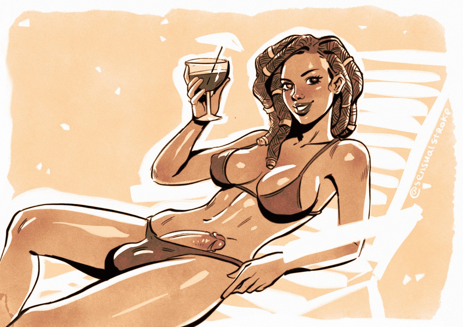 1futa, 2022, balls, balls in panties, beach chair, big breasts, big penis, bikini, braid, braided hair, breasts, clothed, clothing, dark skin, dark-skinned futa, futa only, futanari, human, intersex, mostly nude, on back, penis, sensualstroke, solo
