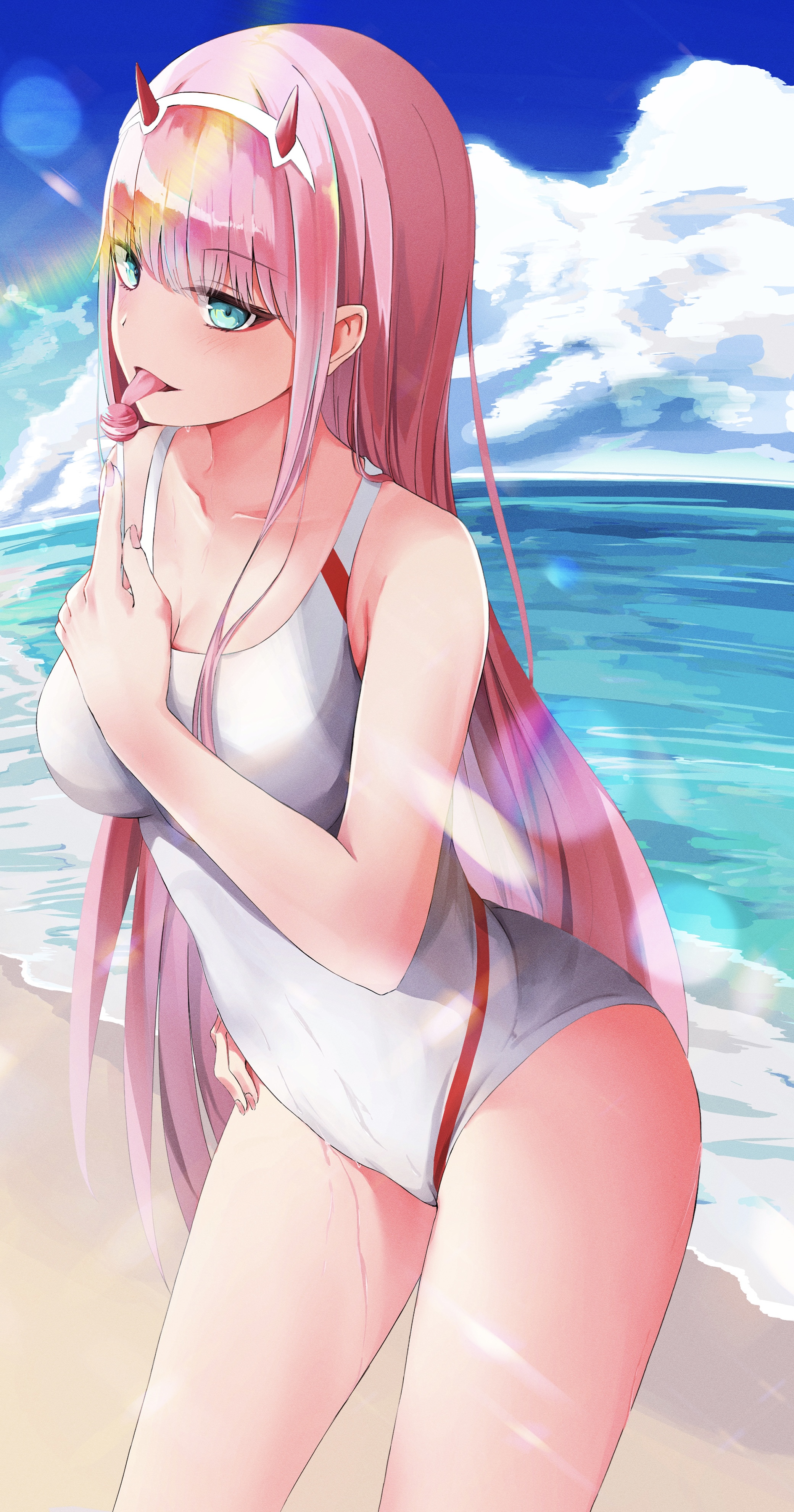 beach, blue eyes, blush, breasts, darling in the franxx, female, lolipop, pink hair, swimsuit, zero two (darling in the franxx)