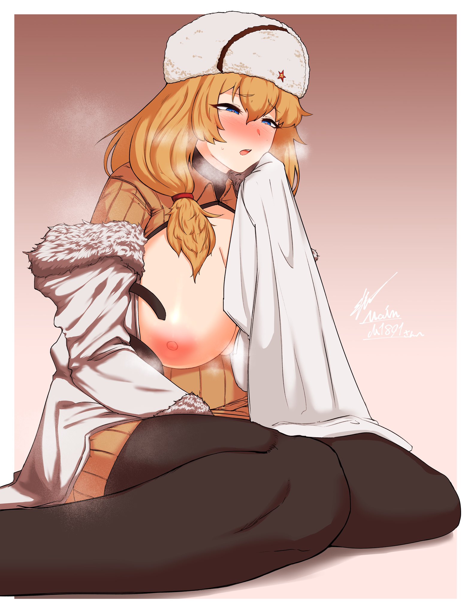blonde hair, blue eyes, blush, breasts, female, girls' frontline, huge breasts, masturbation, mosin-nagant (girls' frontline), nipples, pantyhose, side ponytail, sniffing clothes, sweater dress, ushanka, wide hips