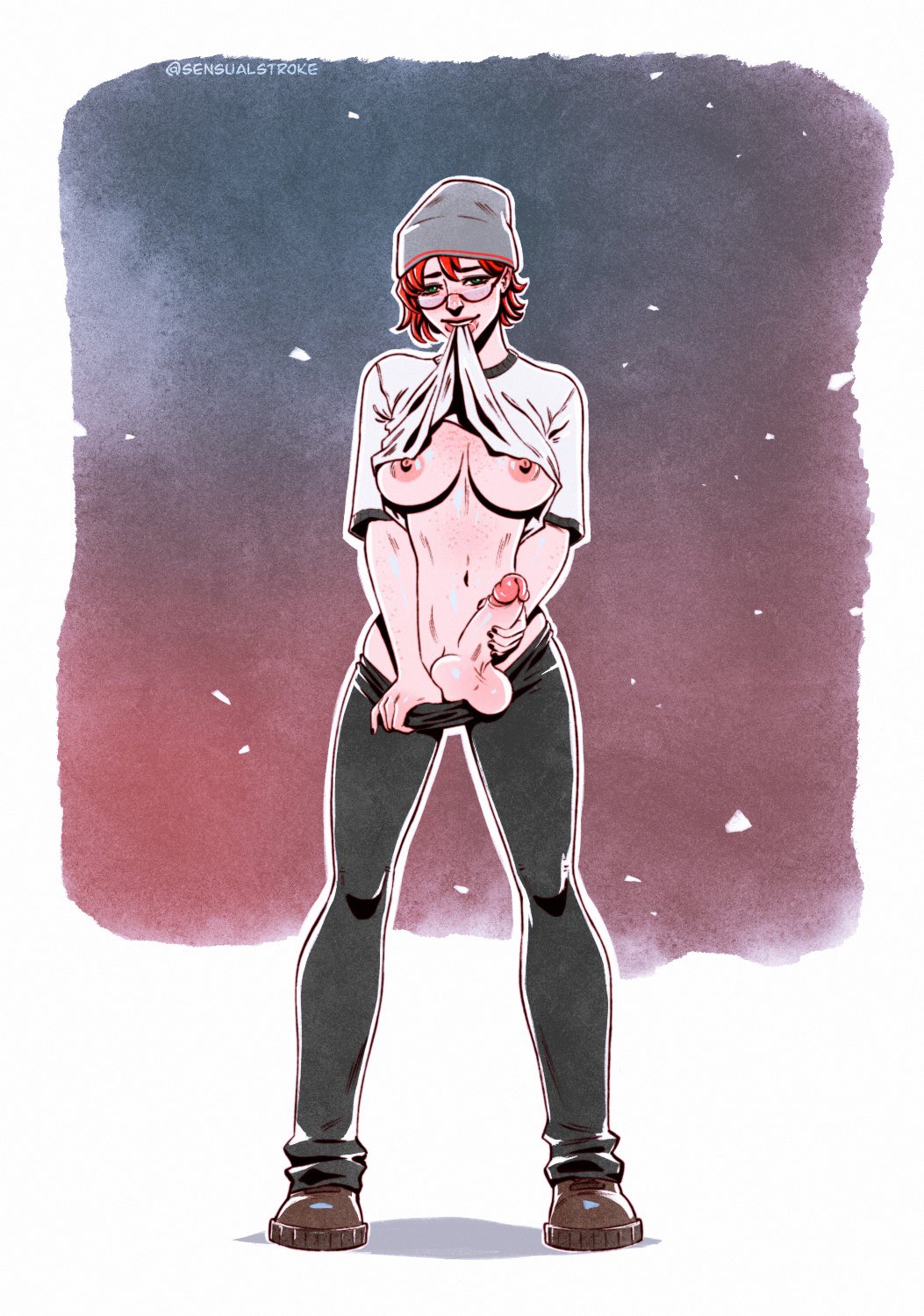 1futa, areolae, balls, beanie, big breasts, big penis, breasts, clothed, clothing, erection, full body, futa only, futanari, human, intersex, light skin, light-skinned futa, masturbation, mostly clothed, nipples, penis, red hair, sensualstroke, shirt in mouth, shirt lift, shirt up, solo, standing