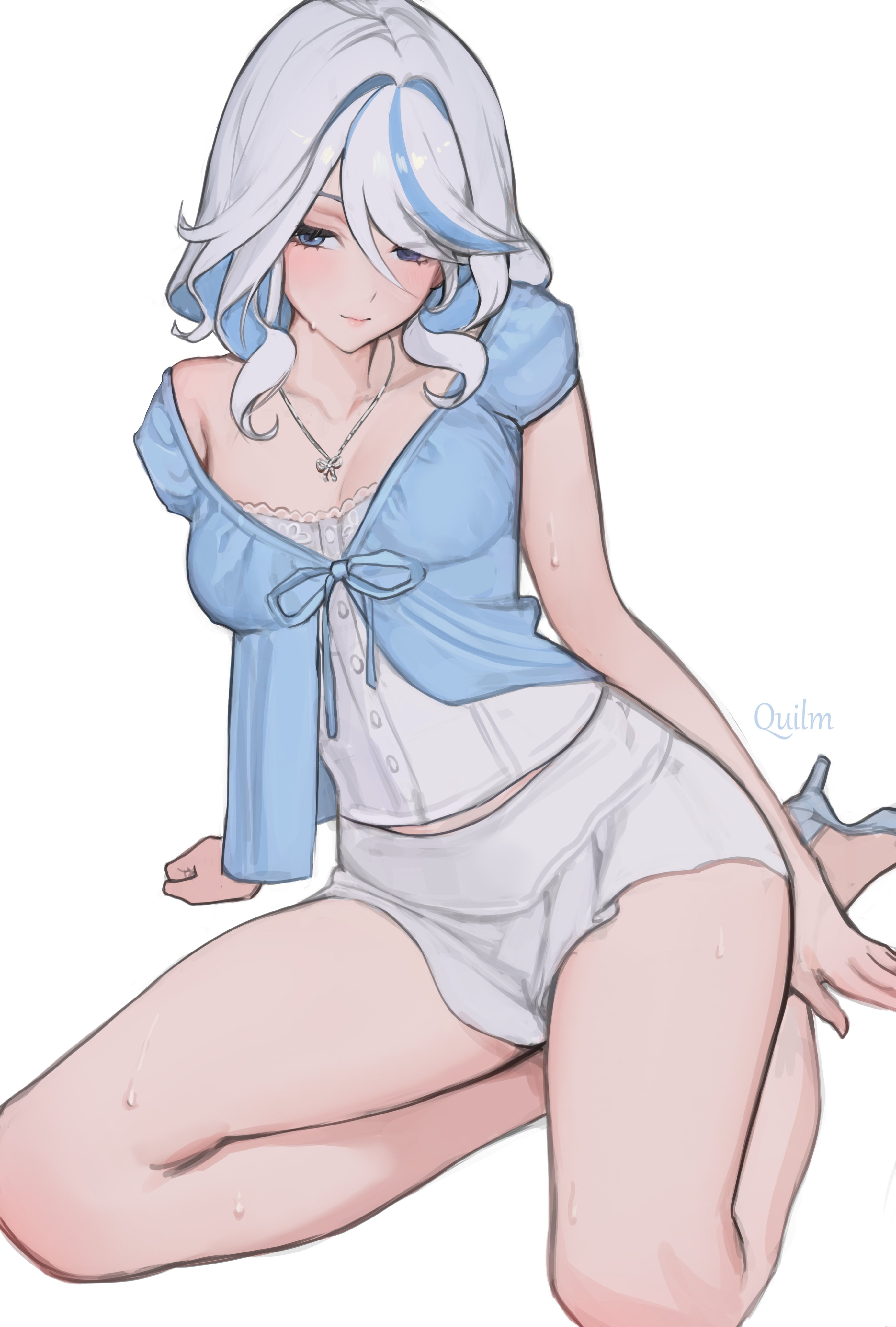 1girls, 2d, 2d (artwork), artist name, bare arms, bare thighs, blue clothing, blue eyes, blush, cardigan, digital media (artwork), female, furina (genshin impact), genshin impact, hair between eyes, heels, heterochromia, hoyoverse, light skin, light-skinned female, looking away, looking down, mihoyo, multicolored hair, necklace, on knees, quilm, sitting, solo, tagme, wet, wet body, wet skin, white background, white clothing, white hair