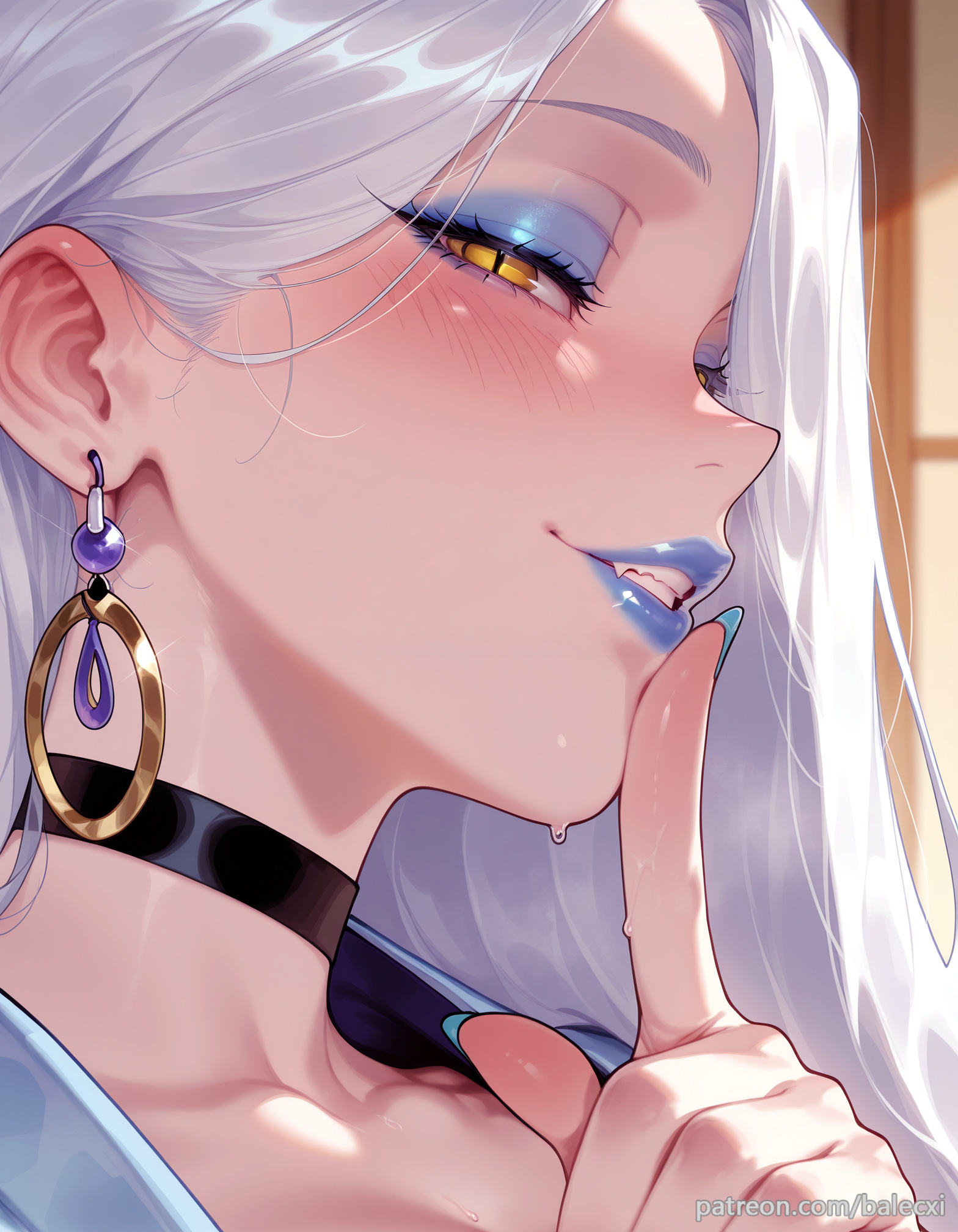 1girl, ai generated, balecxi, black choker, blue lips, blue nails, blush, close-up, earrings, fate (series), fate/grand order, finger to mouth, jewelry, long hair, looking at viewer, makeup, omi-san (fate), patreon username, shushing, smile, solo, sweat, web address, white hair, yellow eyes