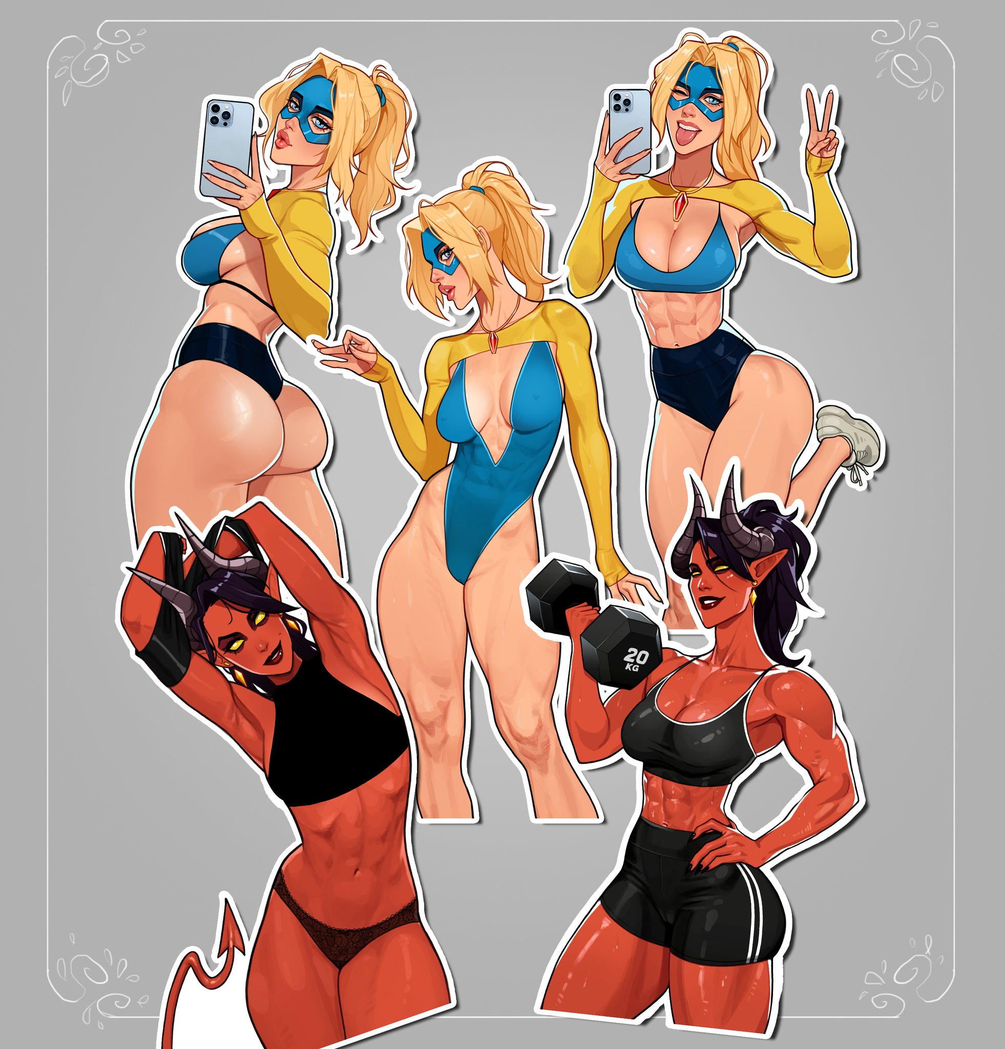 2girls, adhoc studio, big ass, big breasts, big thighs, blonde blazer, breasts, cambion, curvaceous, curvy, curvy figure, demon, demon girl, demoness, digital media (artwork), dispatch (game), female, half demon, half-demon, hips, hourglass figure, huge ass, huge breasts, huge thighs, large ass, large breasts, large thighs, legs, light skin, light-skinned female, malevola gibb, mandy (dispatch), mature, mature female, minko, red body, red skin, red-skinned female, slim waist, thick, thick hips, thick legs, thick thighs, thighs, voluptuous, waist, wide hips, wide thighs