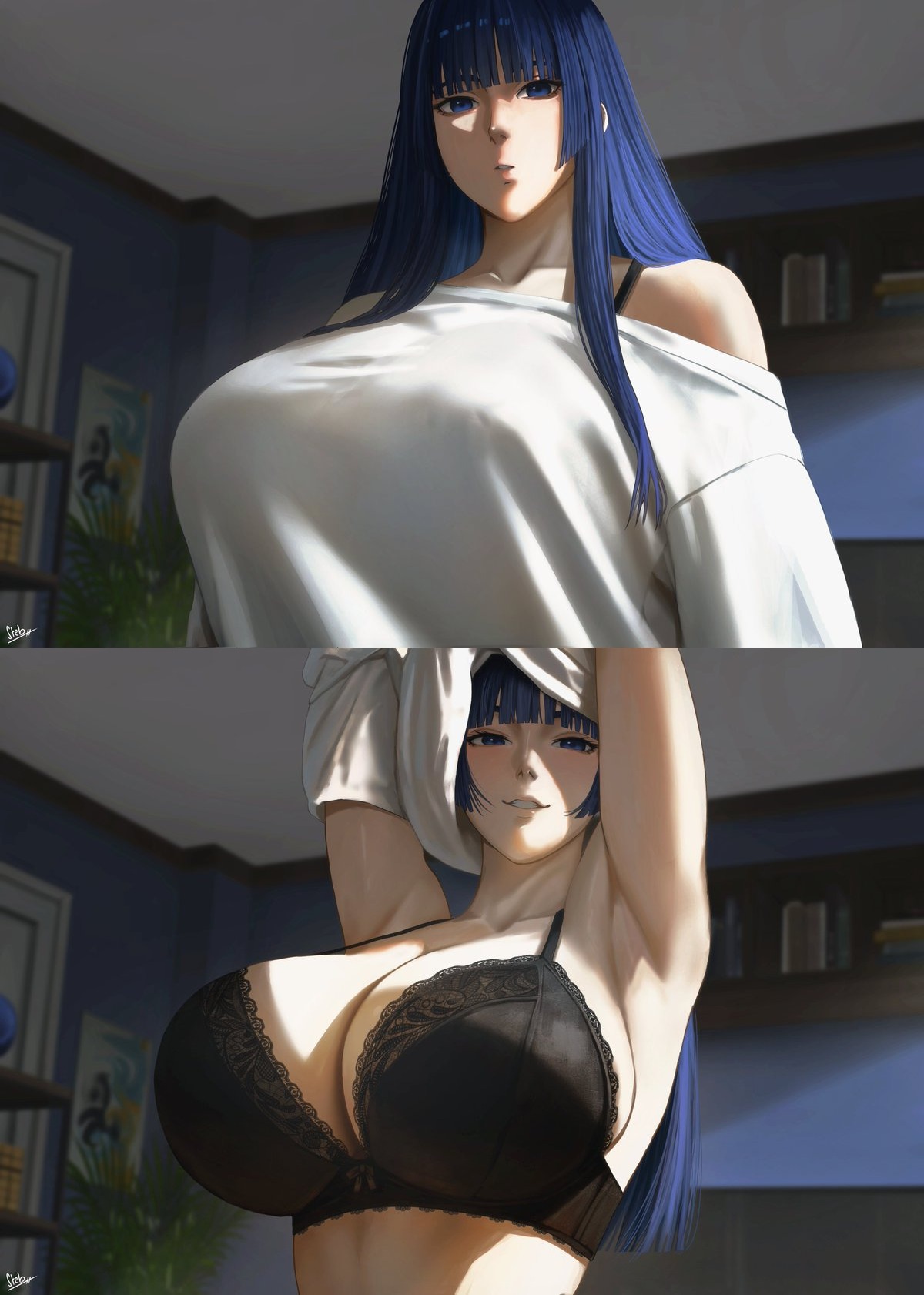 2d, 2d (artwork), armpit, armpit fetish, big boobs, big breasts, blue eyes, blue hair, bob cut, bra, bra strap, bra strap is showing (meme), cleavage, hime cut, hololive, hololive english, huge breasts, large breasts, long hair, looking at viewer, natural light, ouro kronii, ouro kronii (goddess), pale-skinned female, pose, posing for the viewer, shirt, shirt down, shirt lift, shirt pull, shirt up, shirtless, sideboob, slim, slim female, smiling at viewer, smirking, smirking at viewer, stebynno, stripping, tagme, teasing, teasing viewer, undressing, virtual youtuber