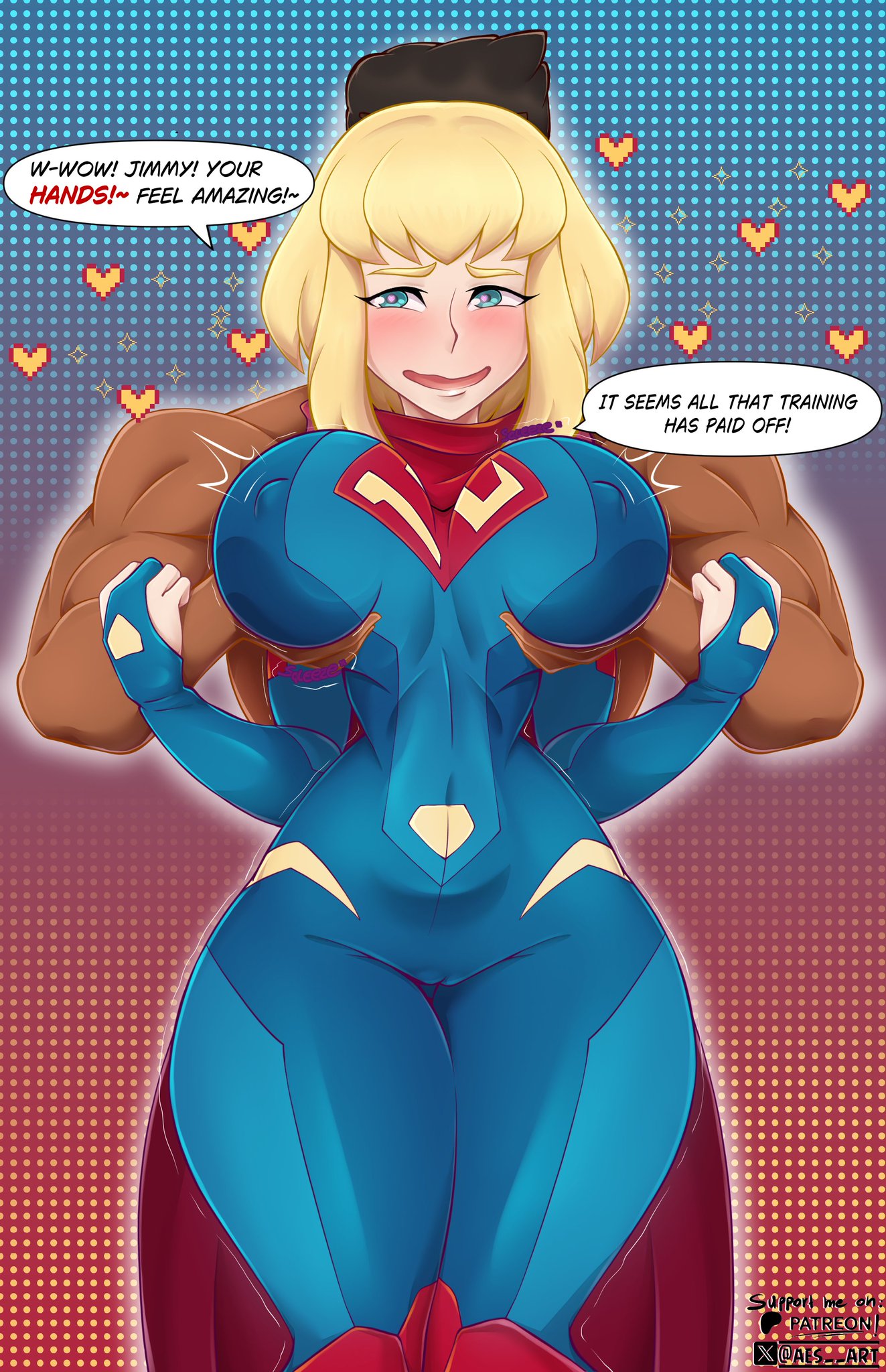 aes art, breasts grab, cameltoe, dc comics, erect nipples under clothes, heart-shaped pupils, horny female, jimmy olsen, jimmy olsen (my adventures with superman), my adventures with superman, supergirl, supergirl (my adventures with superman), superman (series)