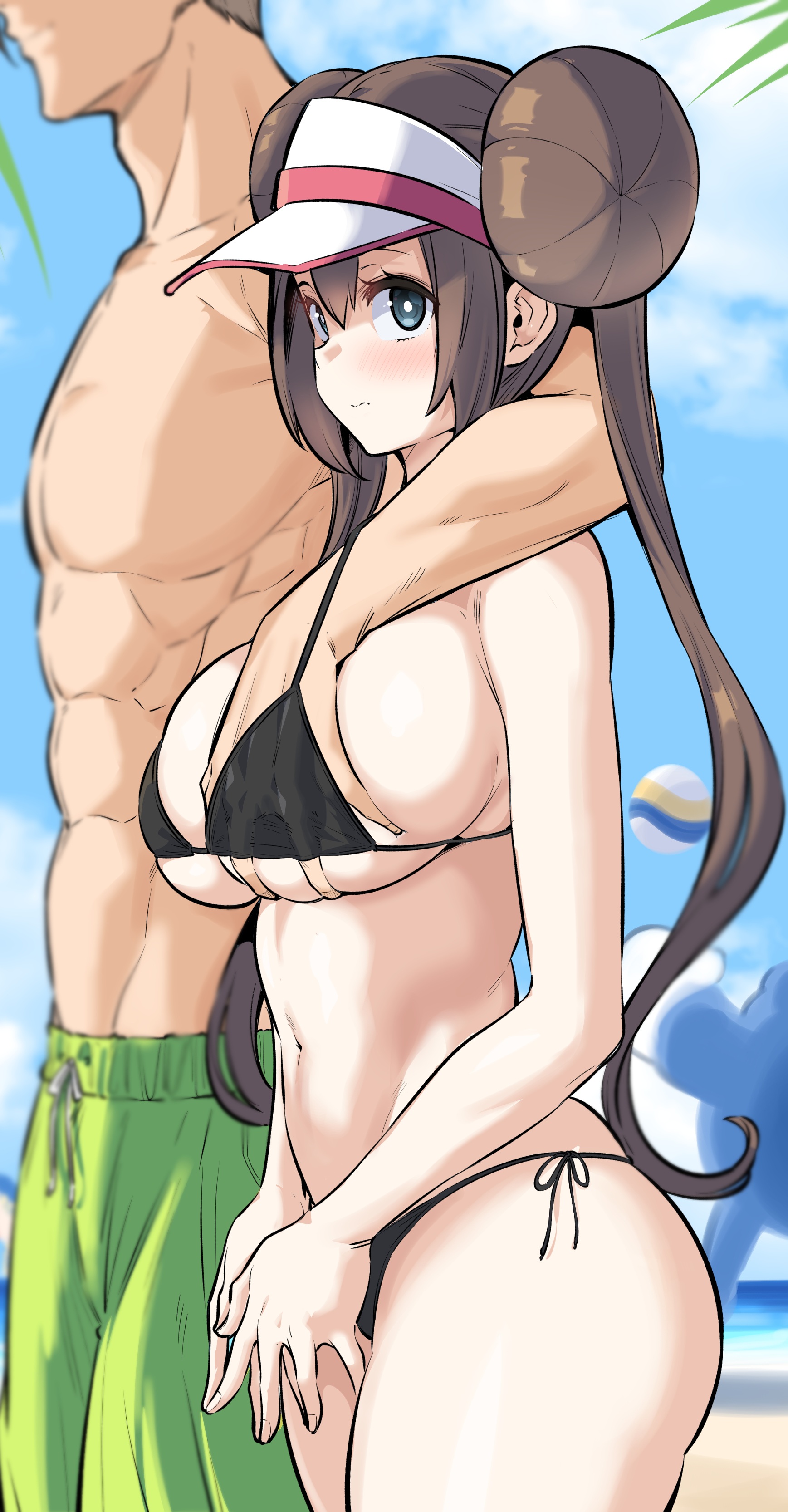 belly button, bikini, blue eyes, breast grab, breasts, brown hair, cropped, curvy female, edit, female, hand under clothes, heart, kook, light skin, light-skinned female, light-skinned male, male, midriff, muscular, muscular male, nervous, nintendo, pokemon, rosa (pokemon), side-tie bikini, skimpy, string bikini, swimming trunks, taller male, teenage girl, thighs, twintails