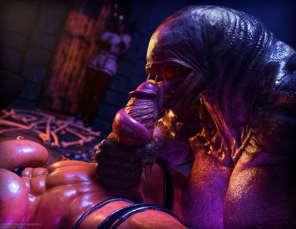 1futa, 2girls, 3d, demon, demon girl, fellatio, female, female creature, futanari, human, human penetrating, intersex, licking penis, monster, monster girl, muscular, muscular futa, no eyes, penis, squarepeg3d