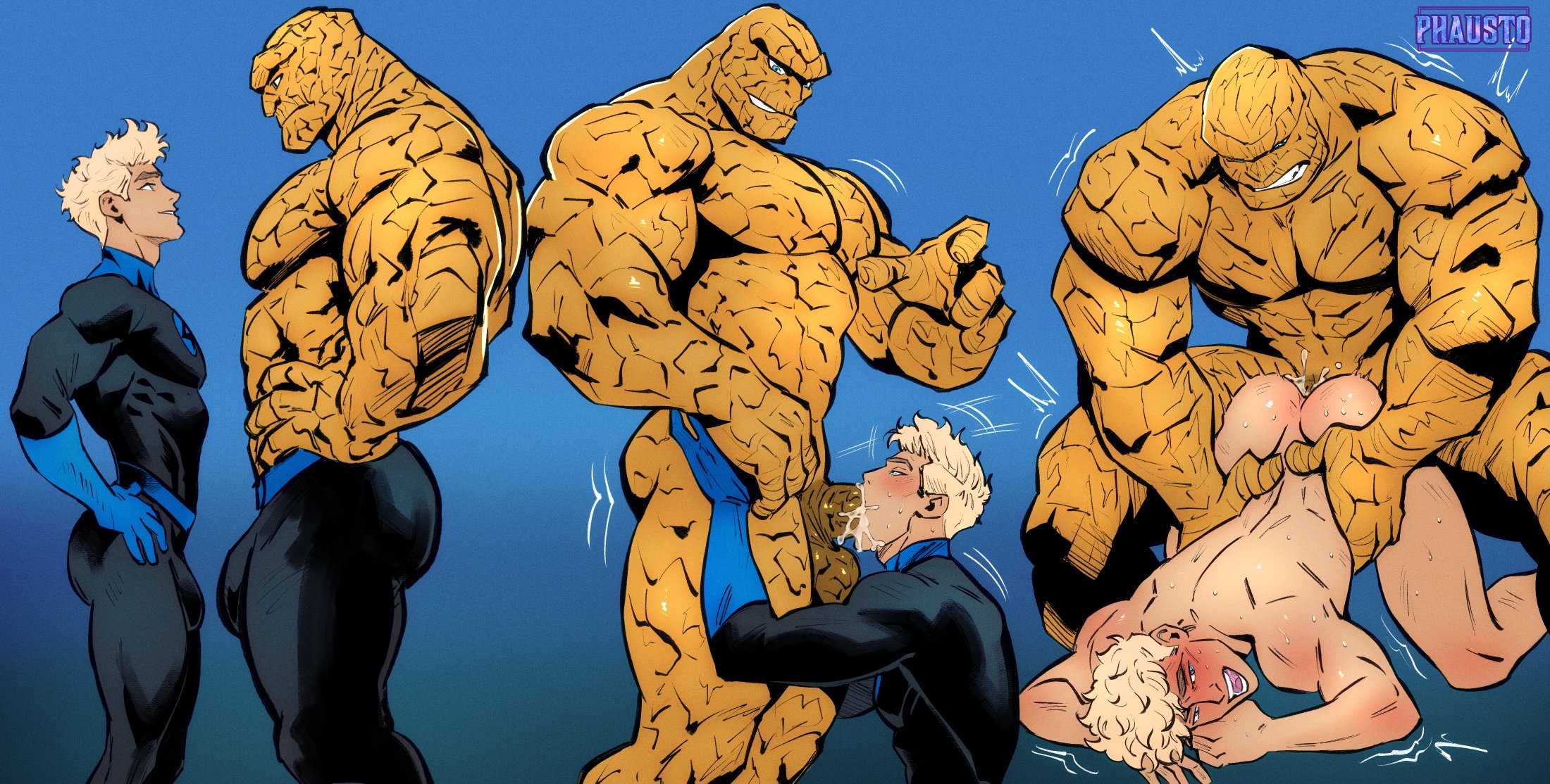 abs, anal, anal sex, ass, bara, ben grimm, big pecs, blush, bulge, butt, completely nude, cum, cum in ass, cum in mouth, cum inside, fantastic four, gay, human torch, johnny storm, male, male focus, male only, marvel, marvel comics, muscular, muscular male, nude, nude male, oral, oral sex, pecs, penetration, penis, penis in ass, penis in mouth, phausto, rough, rough anal, rough sex, round ass, round butt, size difference, standing, sucking, sucking penis, sweat, sweatdrop, sweating, the thing (marvel), yaoi