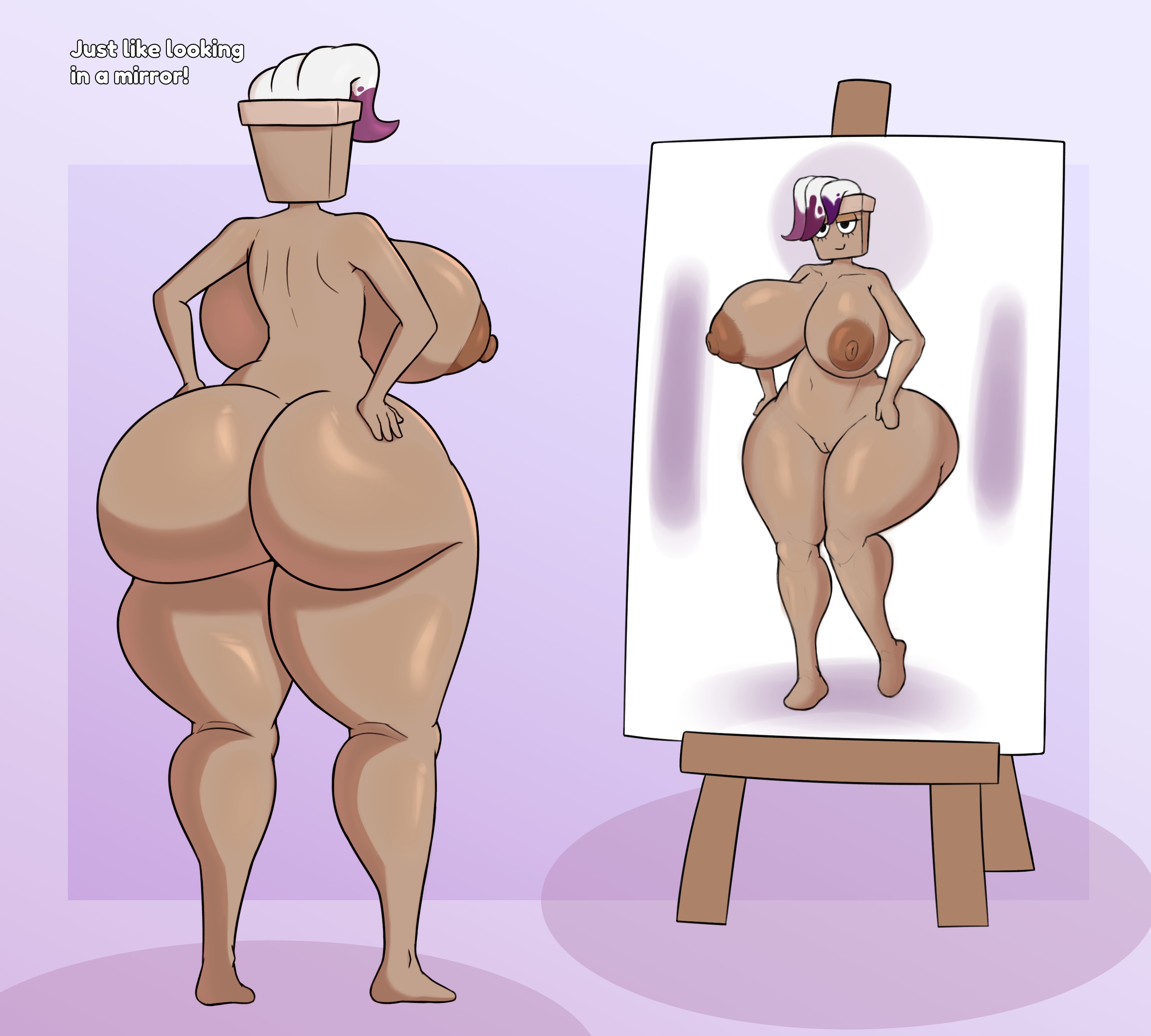 1girls, areolae, ass, barefoot, big ass, big breasts, breasts, brusha (dandy's world), closed mouth, closed smile, commission, commissioner upload, completely nude, completely nude female, curvy, curvy figure, dandy's world, female, female only, front and back, front view, full body, hand on hip, hourglass figure, naked, naked female, nipples, nude, nude female, obsuniq, painting, painting (object), rear view, smile, solo, solo female, voluptuous, voluptuous female