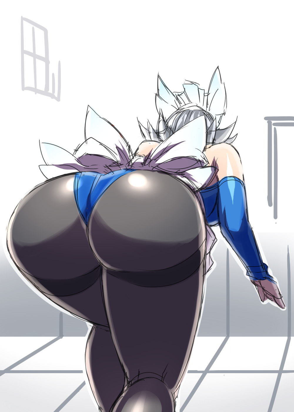 1girls ass ass_focus bent_over big_ass black_legwear hi_res highres huge_ass large_ass leotard massive_ass sakuya_izayoi tajima_yuuki thick_thighs tight_clothing touhou