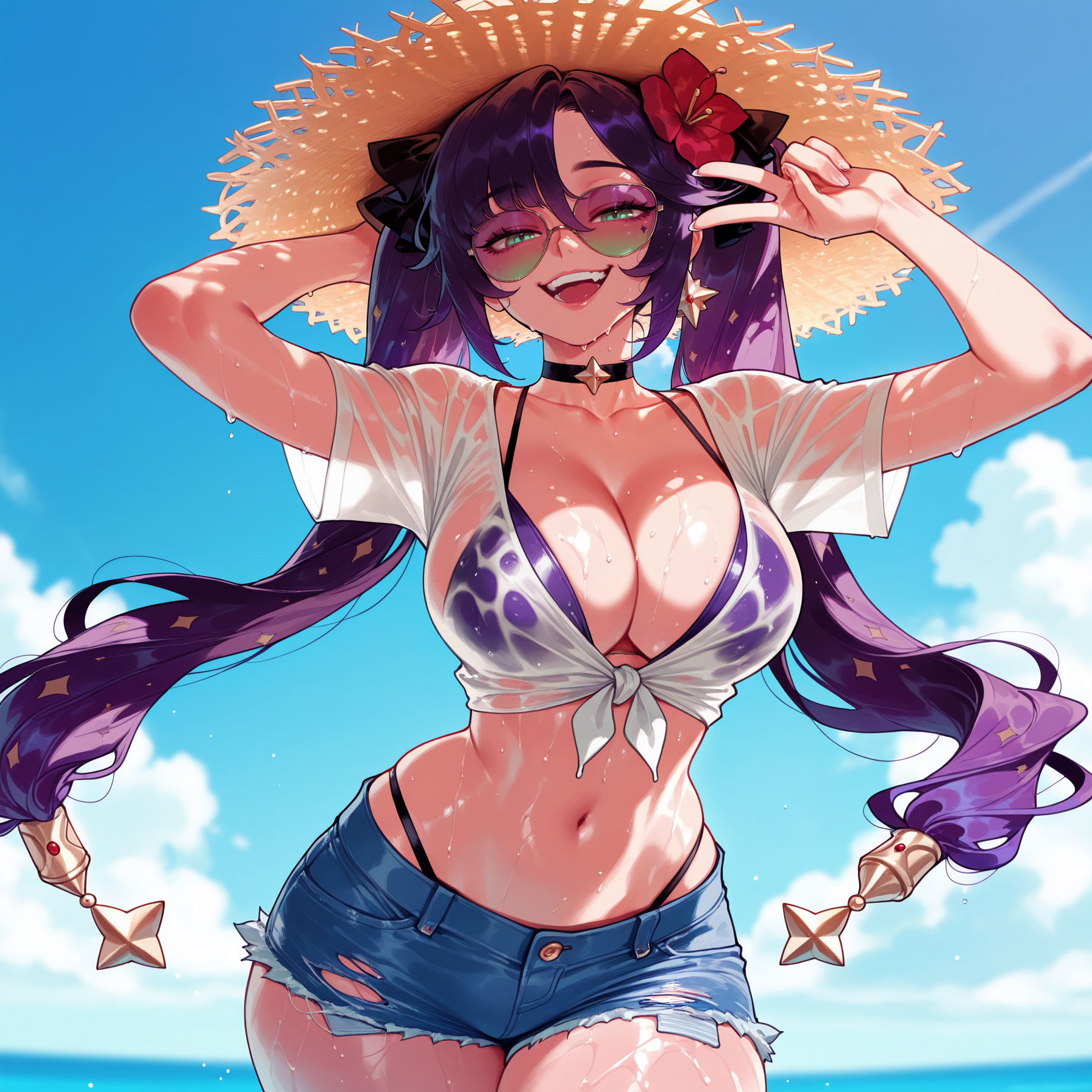 :d, 1girl, 1girls, ai generated, alternate breast size, alternate costume, arm behind head, arms up, balecxi, beach, bikini, bikini under clothes, black choker, blue shorts, blue sky, blush, breasts, choker, cleavage, clothing, cloud, collarbone, cowboy shot, curvaceous, curvaceous female, curvaceous figure, curvy, curvy figure, cutoffs, day, denim, denim shorts, earrings, eyewear, female, female focus, floating hair, flower, front-tie top, genshin impact, green eyes, hair between eyes, hair flower, hair ornament, halterneck, hat, hat flower, headwear, hibiscus, highleg, highleg bikini, hoyoverse, jewelry, large breasts, long hair, looking at viewer, looking over eyewear, micro shorts, midriff, mihoyo, mona (genshin impact), navel, ocean, open mouth, outdoors, purple bikini, purple hair, purple-tinted eyewear, see-through, see-through shirt, shirt, short shorts, short sleeves, shorts, sky, smile, solo, sparkle print, standing, star (symbol), star choker, star earrings, star hair ornament, stomach, straw hat, string bikini, sun hat, sunglasses, swimsuit, teeth, thick thighs, thighs, tied shirt, tinted eyewear, torn clothes, torn shorts, twintails, upper teeth only, v, very long hair, voluptuous, voluptuous female, water, wet, wet clothes, wet shirt, white shirt, wide hips