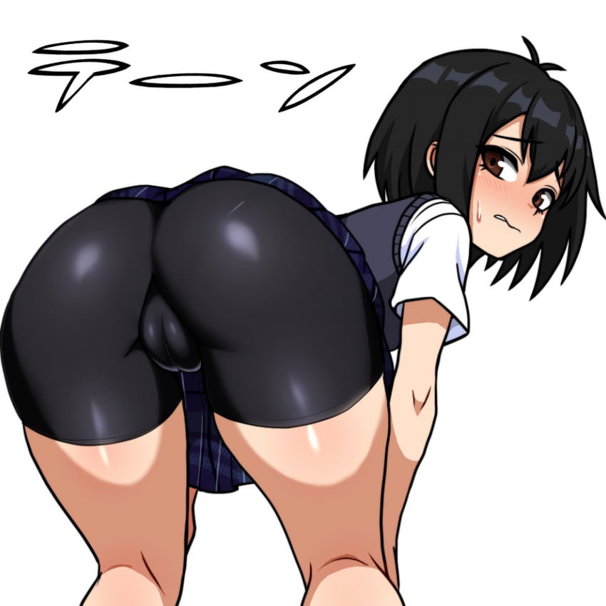 2d, 2d (artwork), asian female, ass, ass focus, bent over, bike shorts, black hair, black shorts, black skirt, black vest, blush, brown eyes, cameltoe, embarrassed, frown, fujita yoshinobu (ksk oda), japanese female, light skin, light-skinned female, looking at viewer, looking back, marvel, marvel comics, peni parker, pussy focus, pussy visible through clothes, shirt, short sleeves, shorts, simple background, skirt, solo, standing, sweatdrop, sweater vest, vest, white background, white shirt