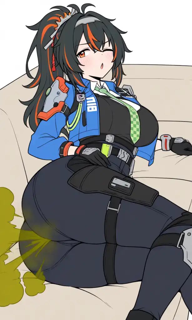 ass, big ass, black hair, braided hair, fart, tie, zenless zone zero, zhu yuan