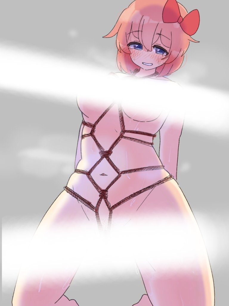 blue_eyes blush bondage bow censor_bar censored doki_doki_literature_club flushed flustered just_sayori kentylevel looking_at_viewer naked nude orange_hair red_bow ropes sayori_(doki_doki_literature_club) sweat sweatdrop sweating sweating_profusely tied tied_hands tied_up white_censor_bar